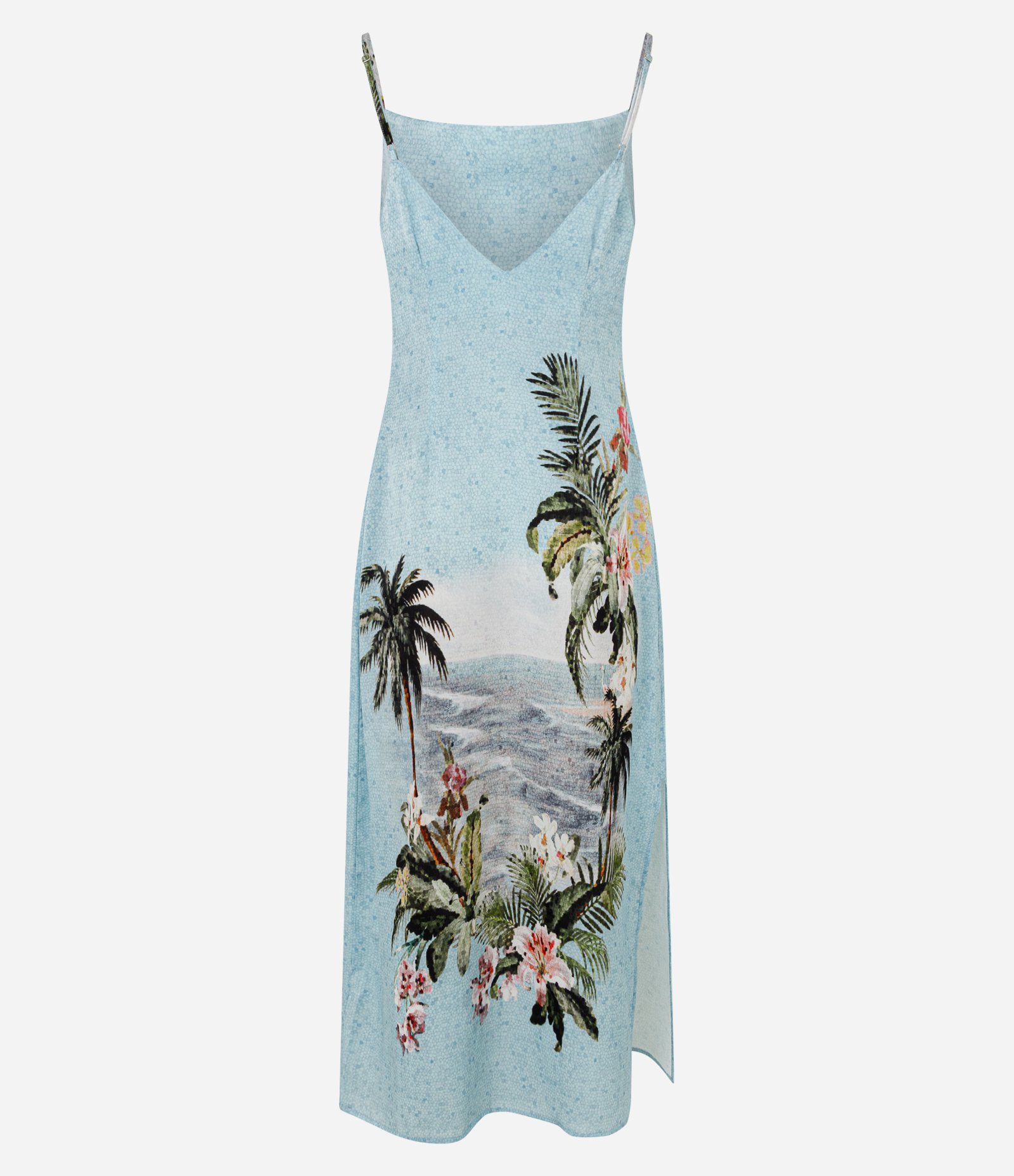 Vestido Long Midi com Estampa Tropical e Decote Degagê Azul 3