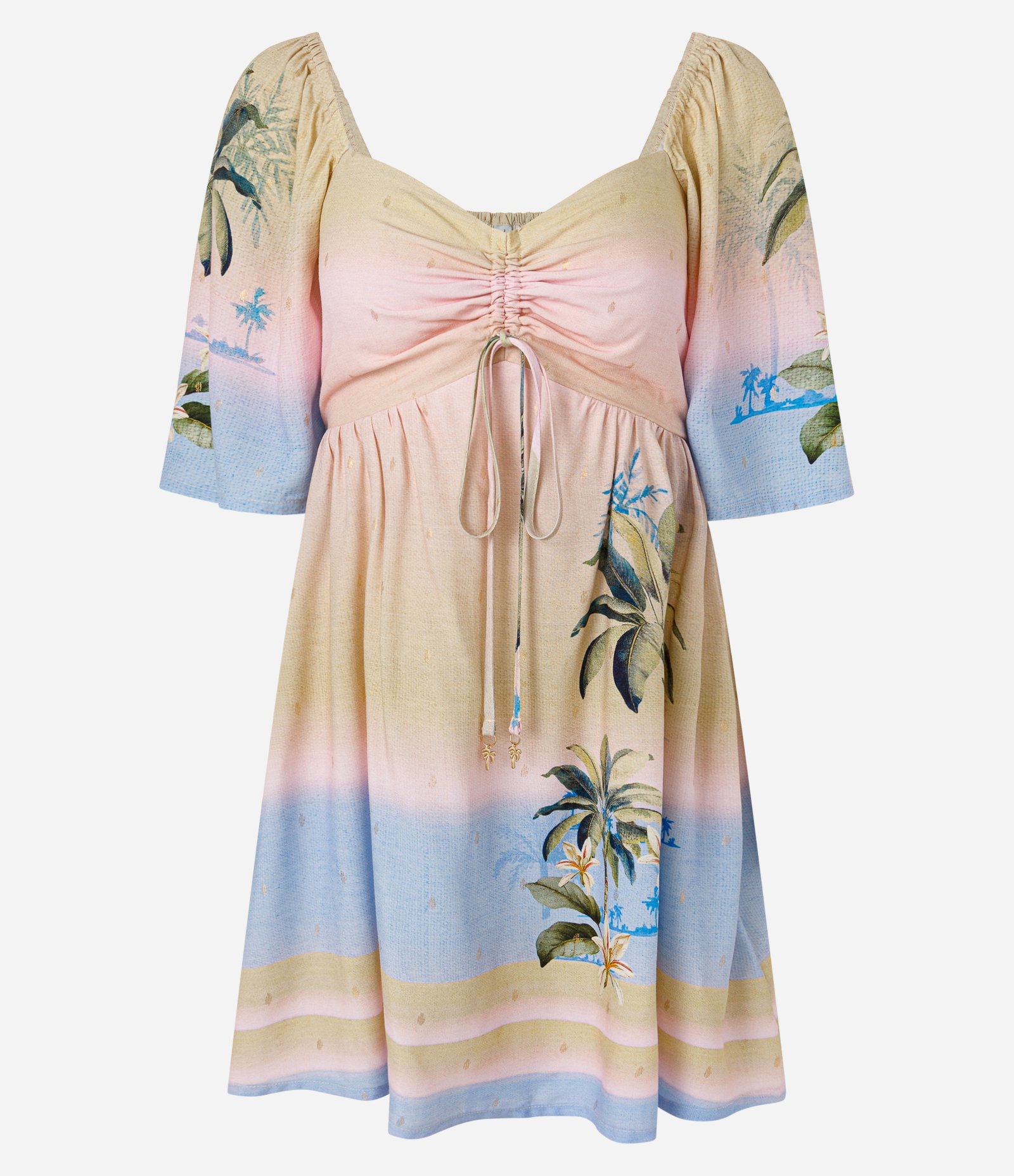 Vestido Curto com Estampa Tropical Degradê com Brilho e Decote Coração Bege 1