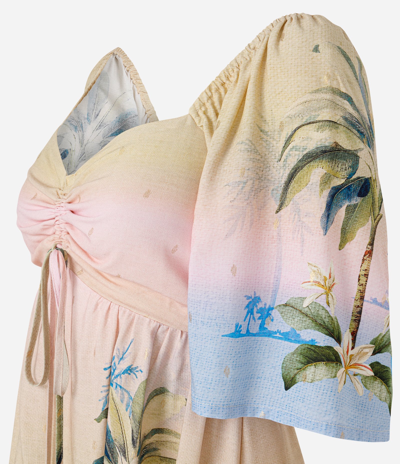 Vestido Curto com Estampa Tropical Degradê com Brilho e Decote Coração Bege 3