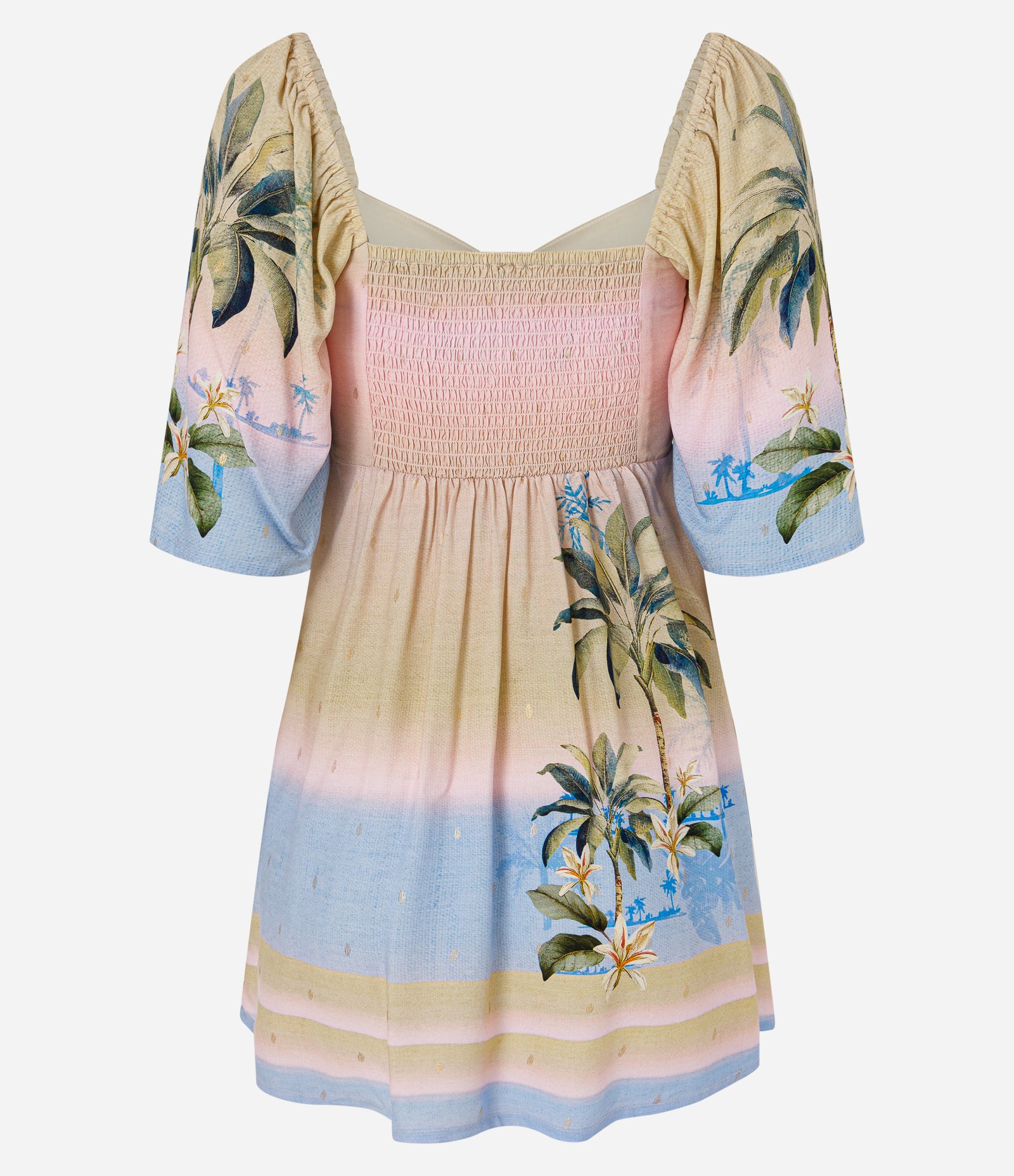 Vestido Curto com Estampa Tropical Degradê com Brilho e Decote Coração Bege 4