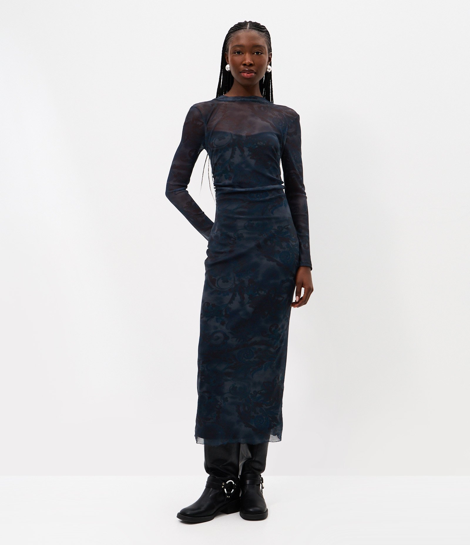 Vestido Midi em Tule com Estampa Floral Azul Escuro 1