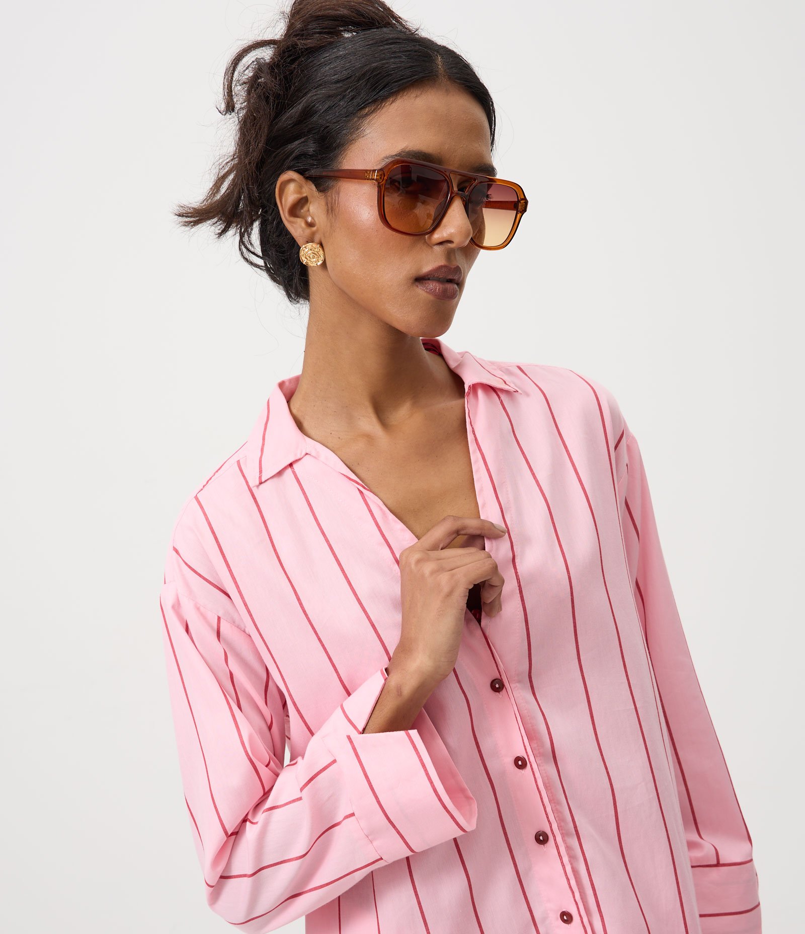Saída de Praia Camisa com Manga Longa e Estampa Listrada Rosa 3