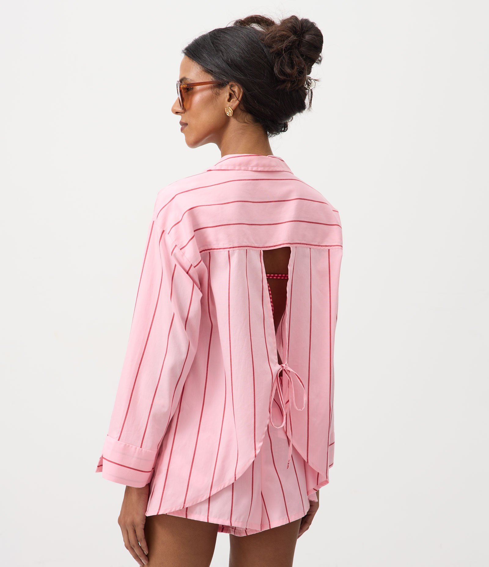 Saída de Praia Camisa com Manga Longa e Estampa Listrada Rosa 4