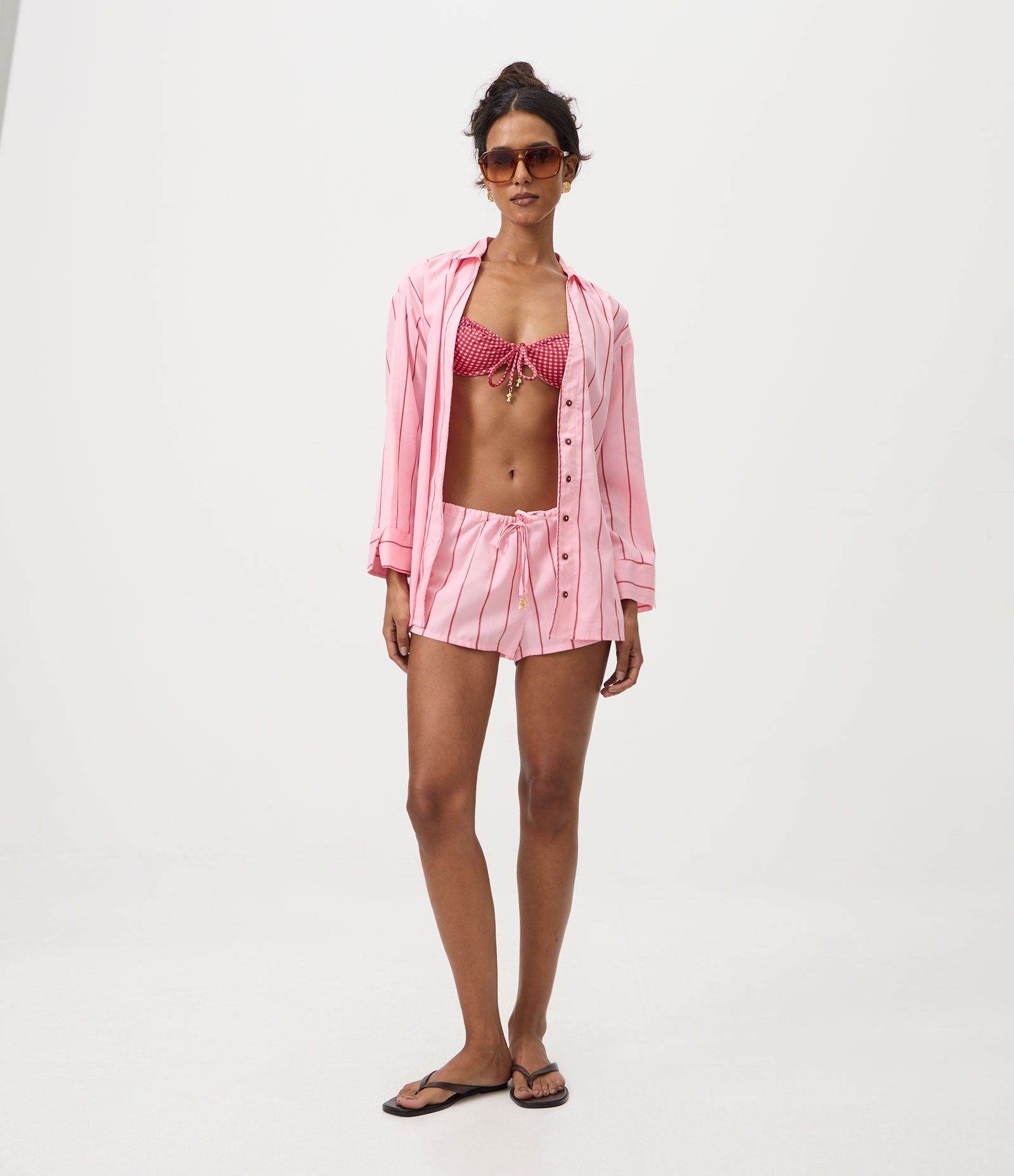 Saída de Praia Short com Listras Fio Tinto Rosa 1