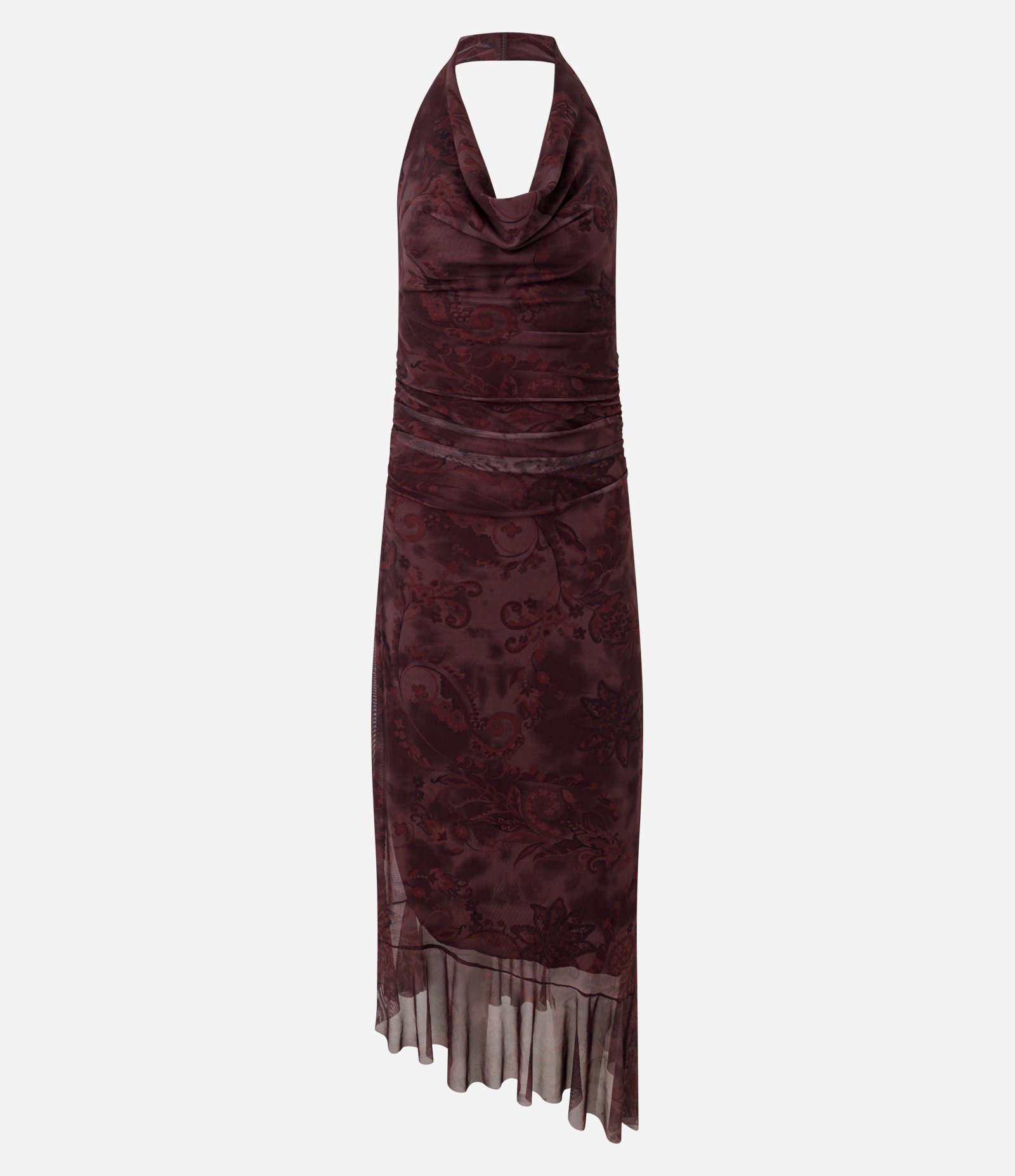 Vestido Midi em Tule com Estampa Manchada e Decote Degagê Bordô 5