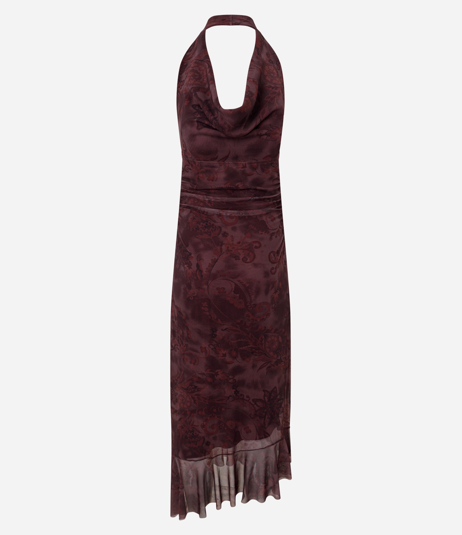 Vestido Midi em Tule com Estampa Manchada e Decote Degagê Bordô 6
