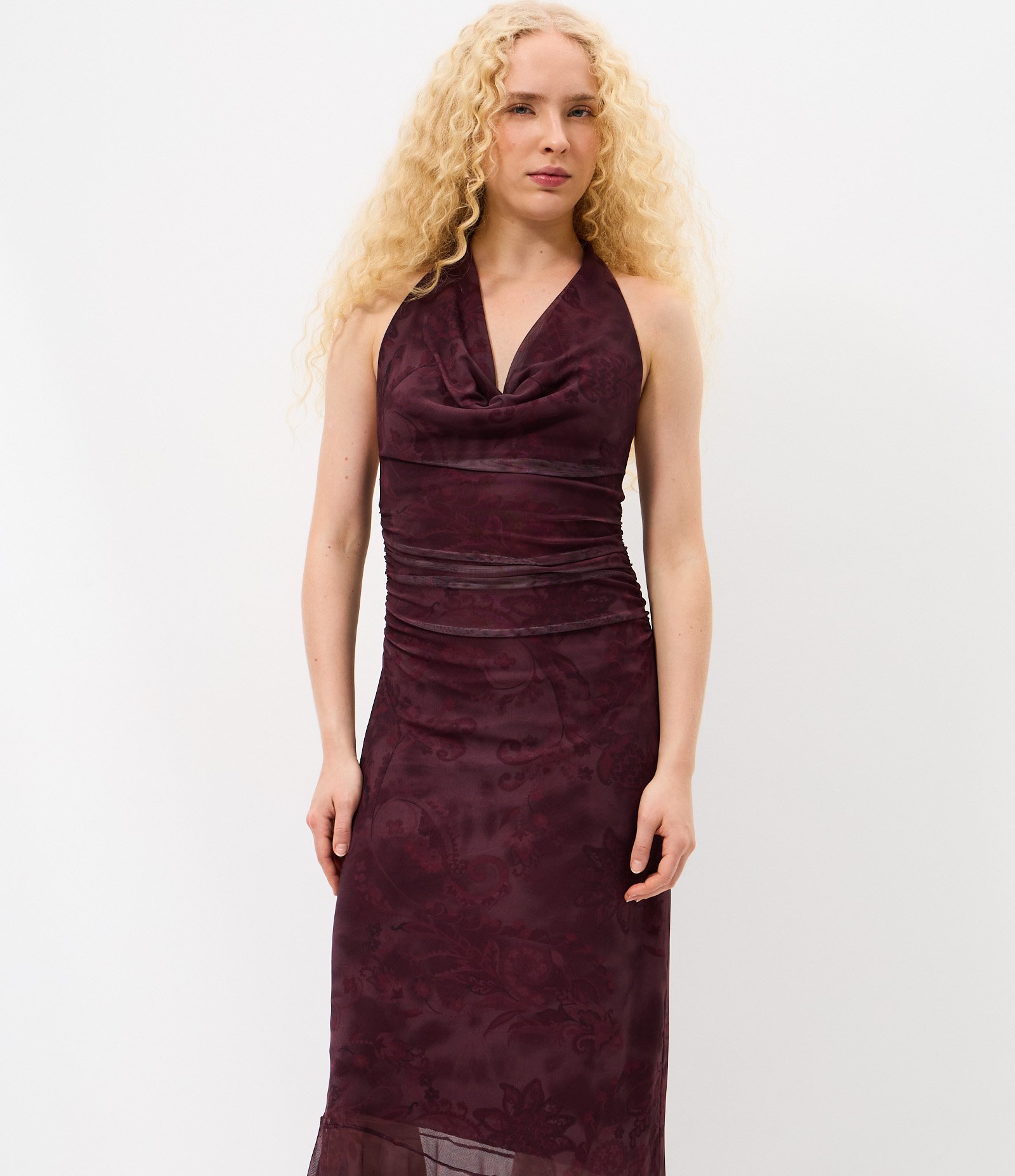 Vestido Midi em Tule com Estampa Manchada e Decote Degagê Bordô 2