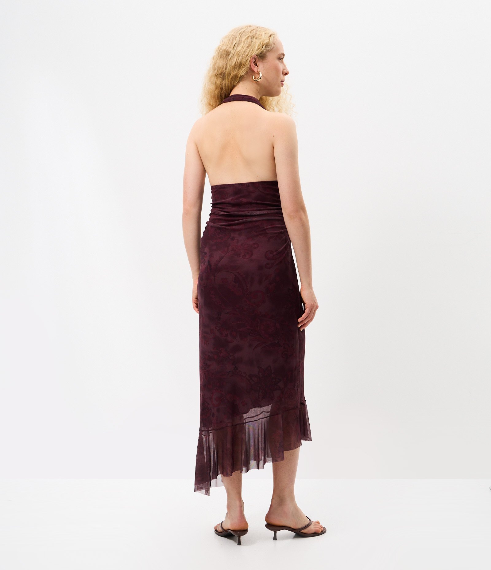 Vestido Midi em Tule com Estampa Manchada e Decote Degagê Bordô 4