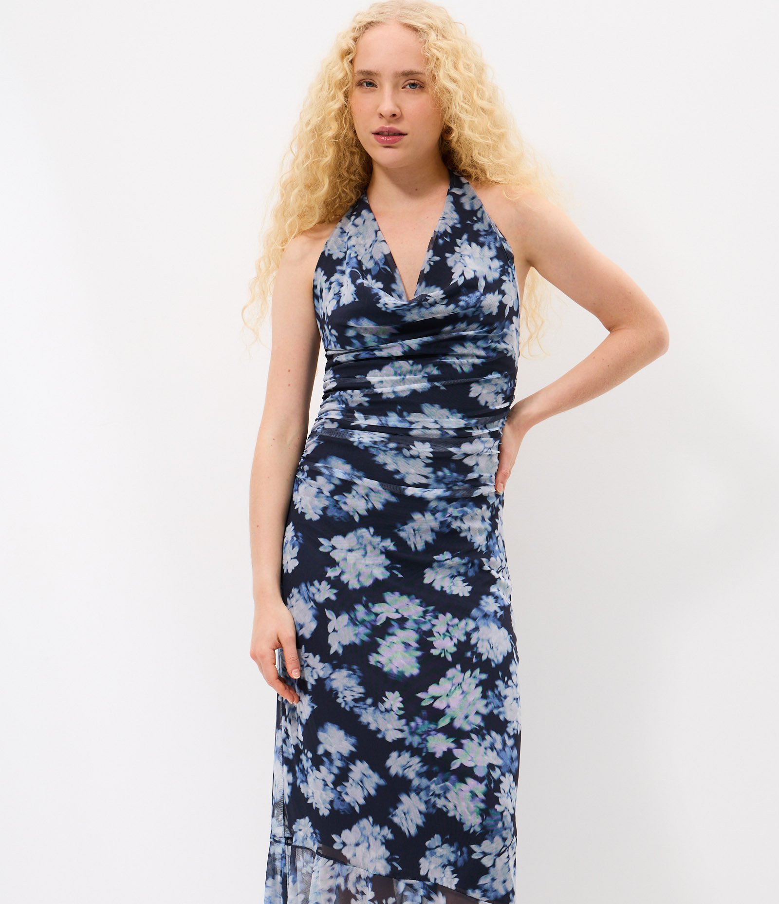 Vestido Midi com Estampa Floral e Barra Assimétrica Azul 2
