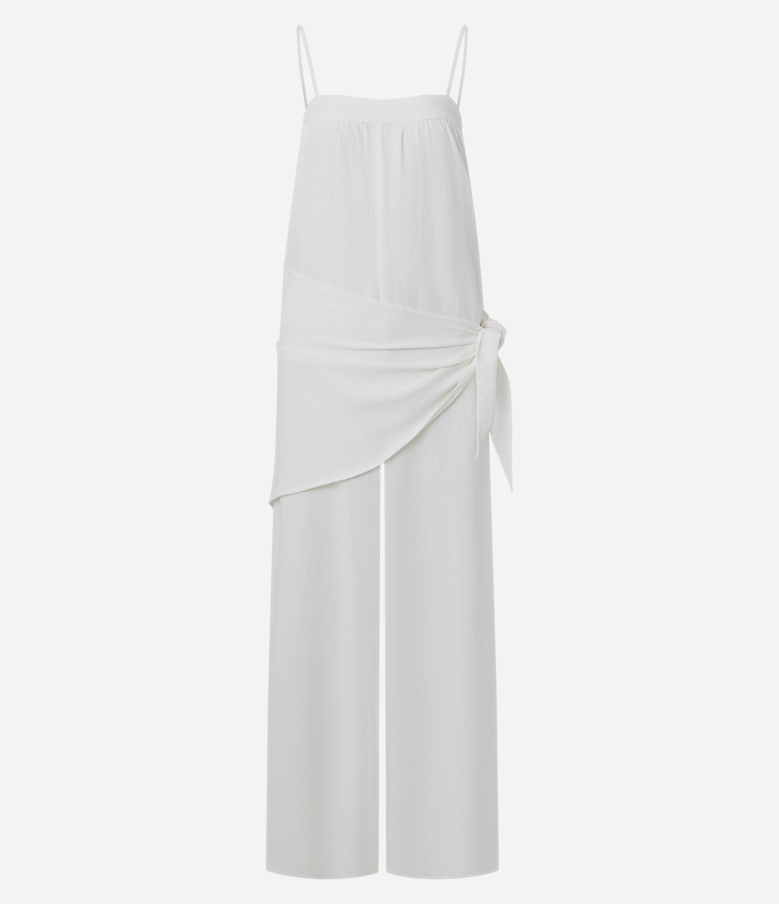 Macacão Pantalona em Jacquard com Lenço Sobreposto na Cintura Branco 1