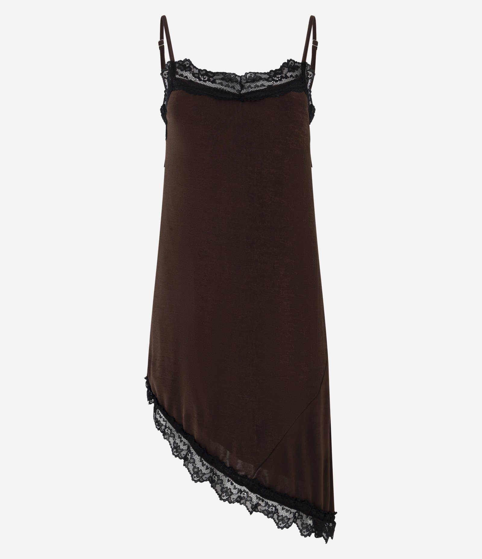 Vestido Curto de Alcinha em Crepe com Decote Rendado e Barra Assimétrica Marrom 1