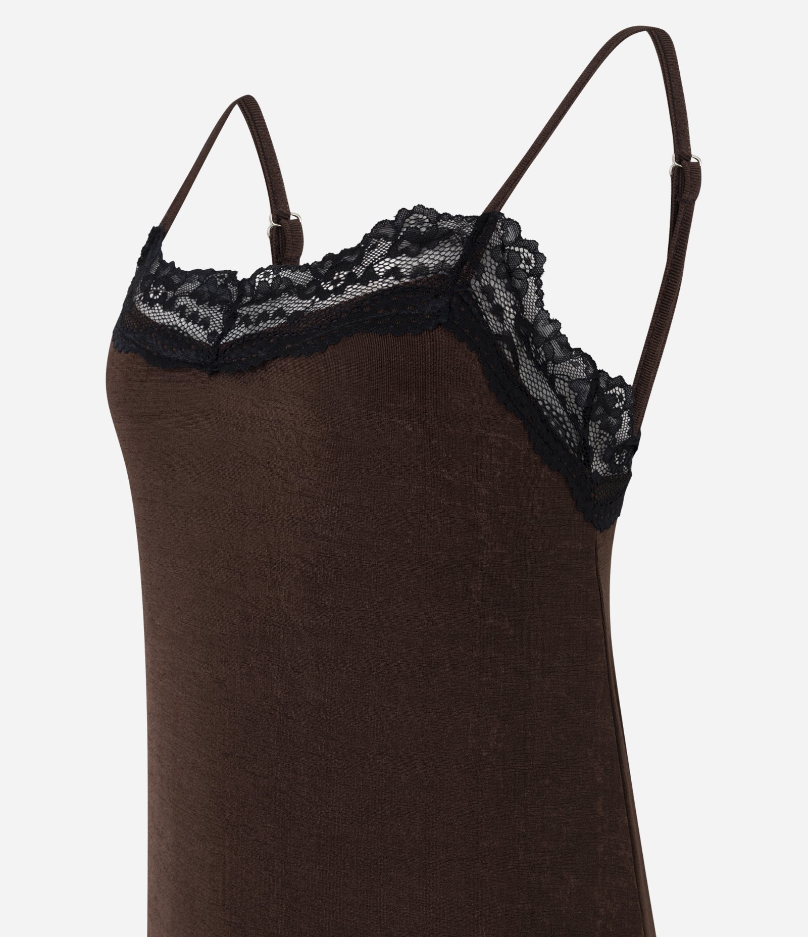 Vestido Curto de Alcinha em Crepe com Decote Rendado e Barra Assimétrica Marrom 2