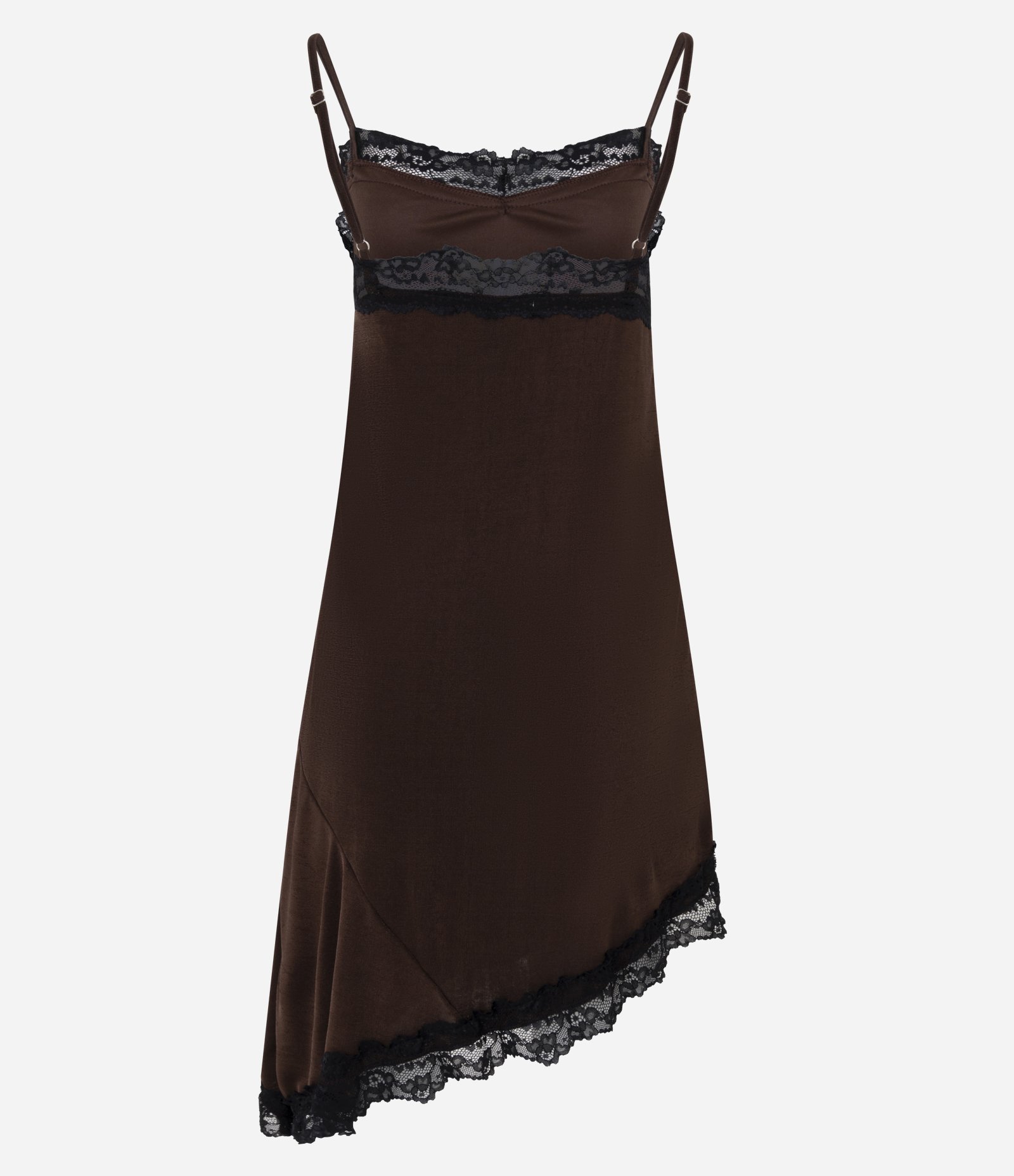 Vestido Curto de Alcinha em Crepe com Decote Rendado e Barra Assimétrica Marrom 3