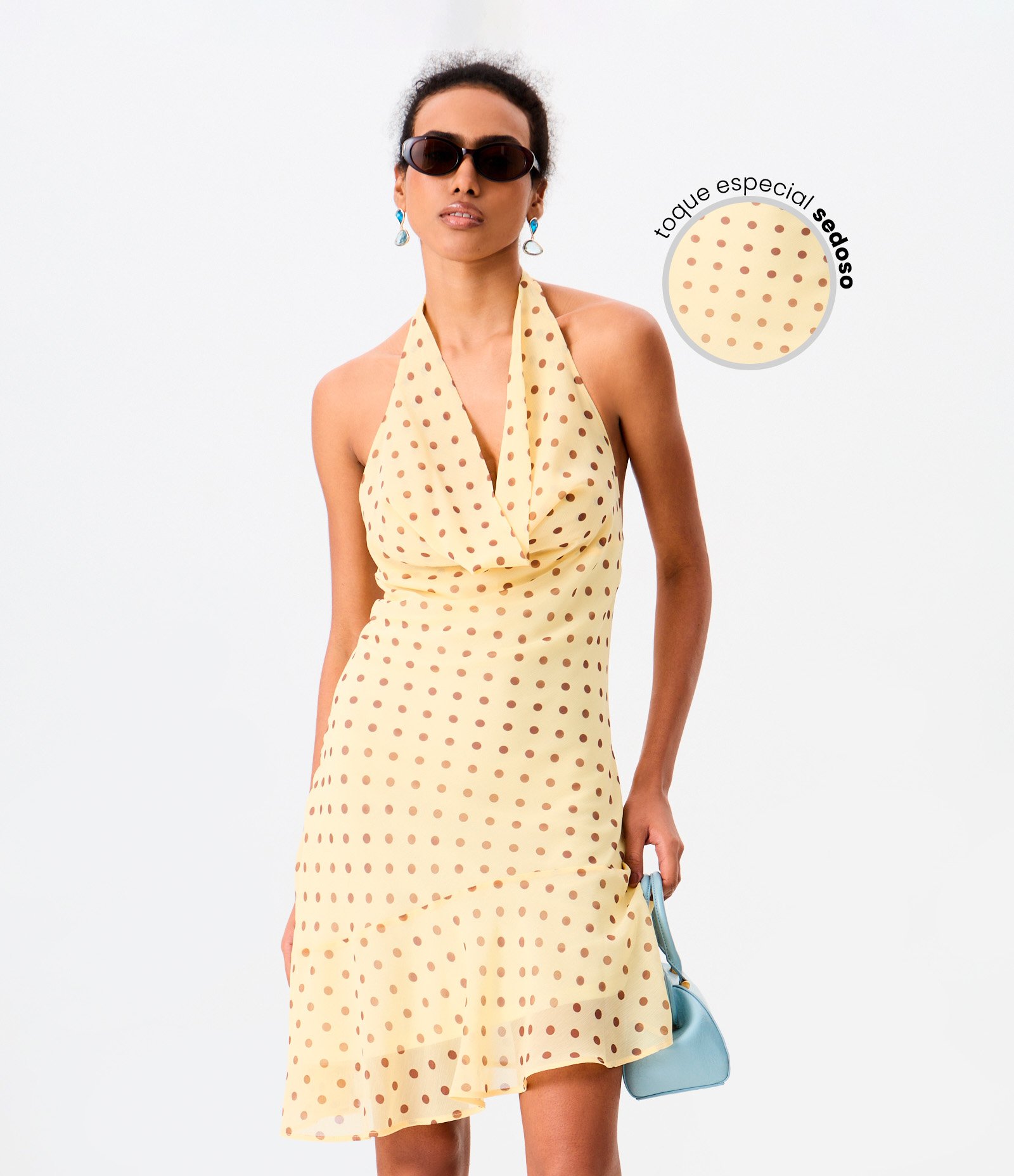 Vestido Curto em Chiffon com Estampa Poá e Decote Degagê Amarelo 1