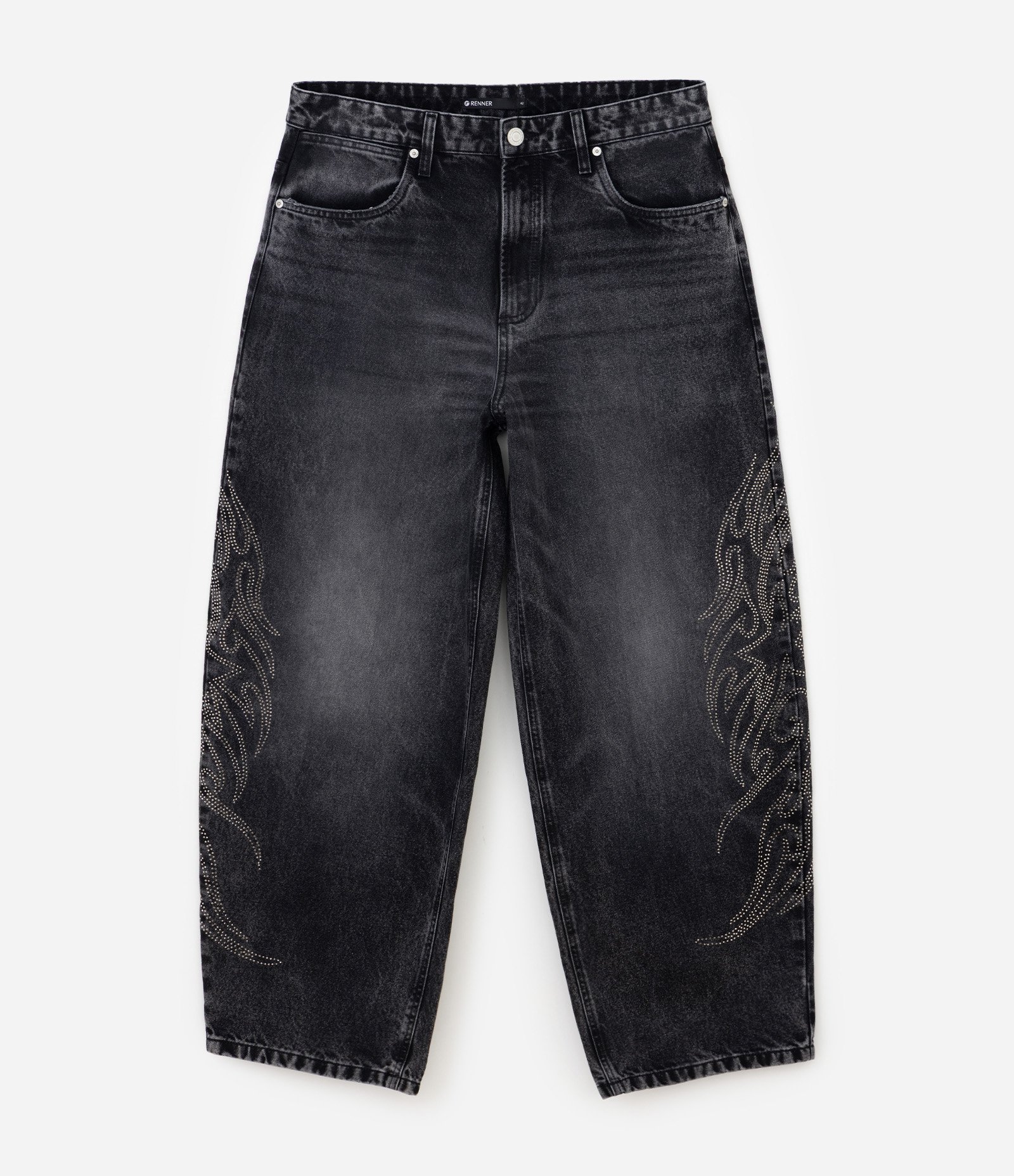 Calça Jeans Baggy Balloon com Aplicações Laterais Preto 2