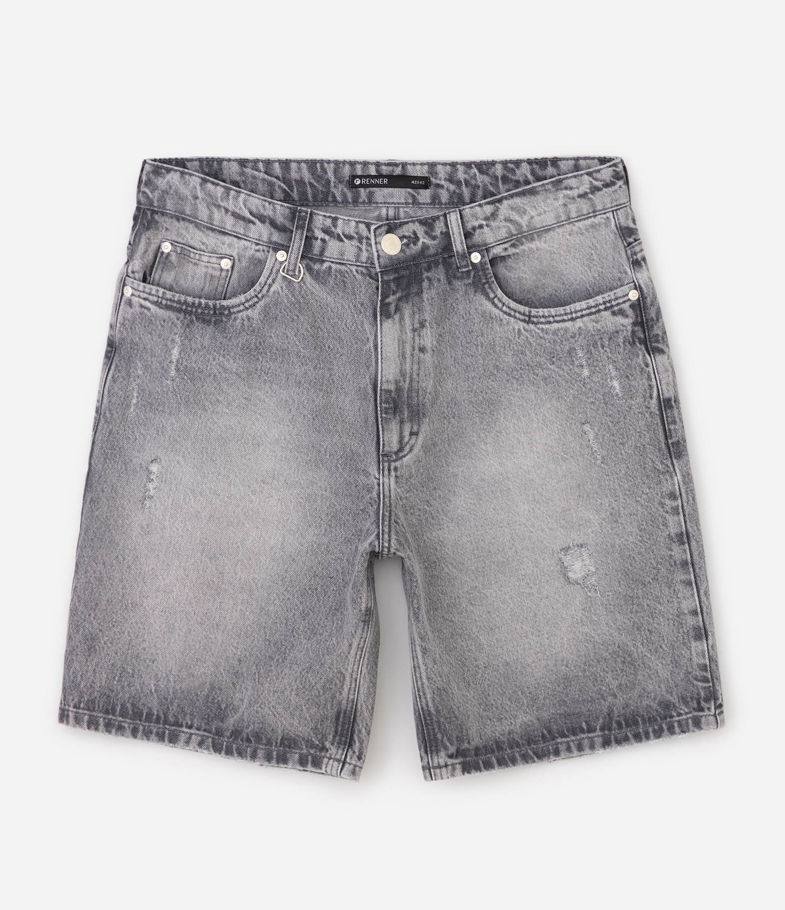 Bermuda Jeans Reta com Puídos Cinza 1