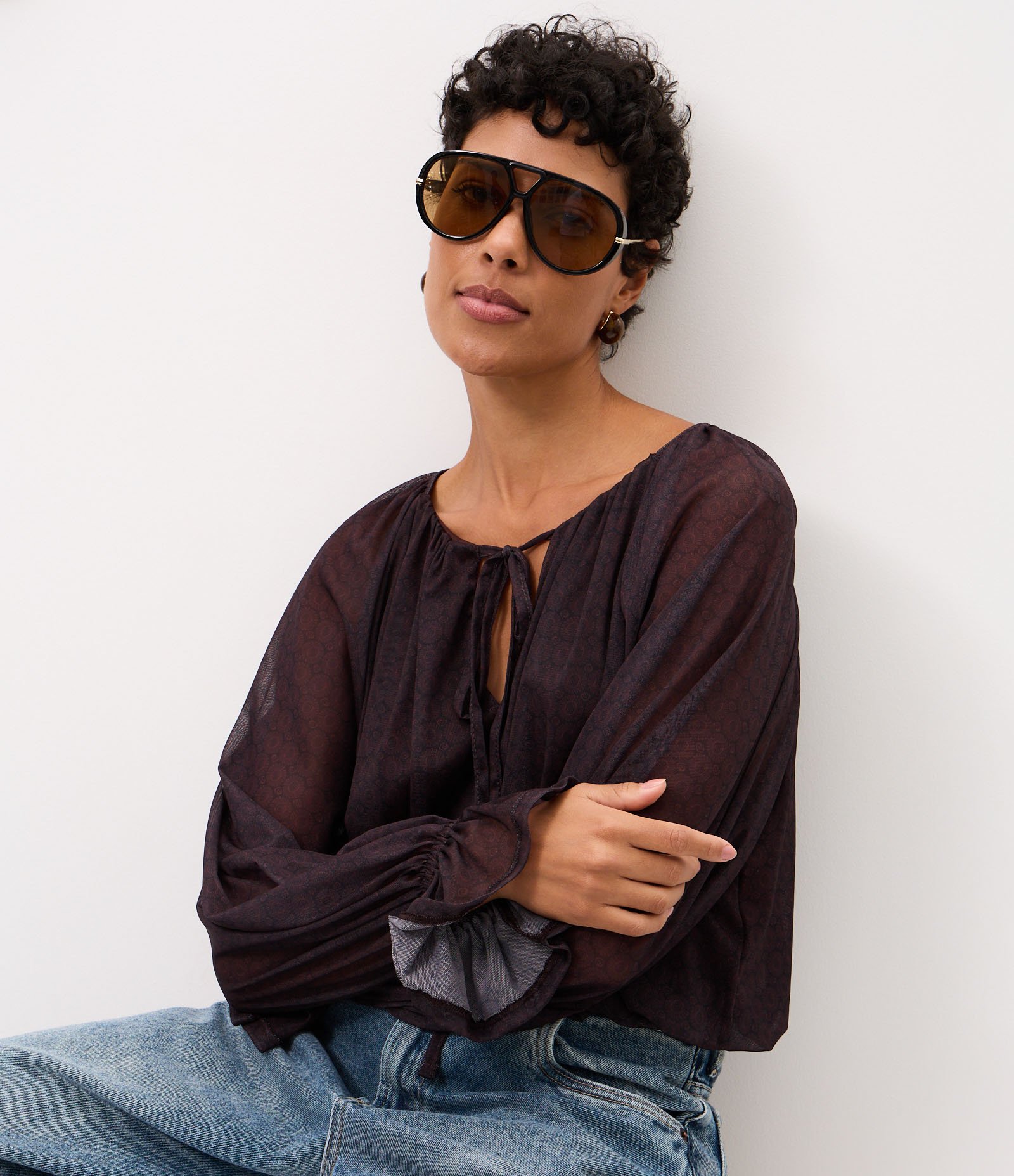 Blusa Balonê em Tule com Estampa Abstrata Marrom 4
