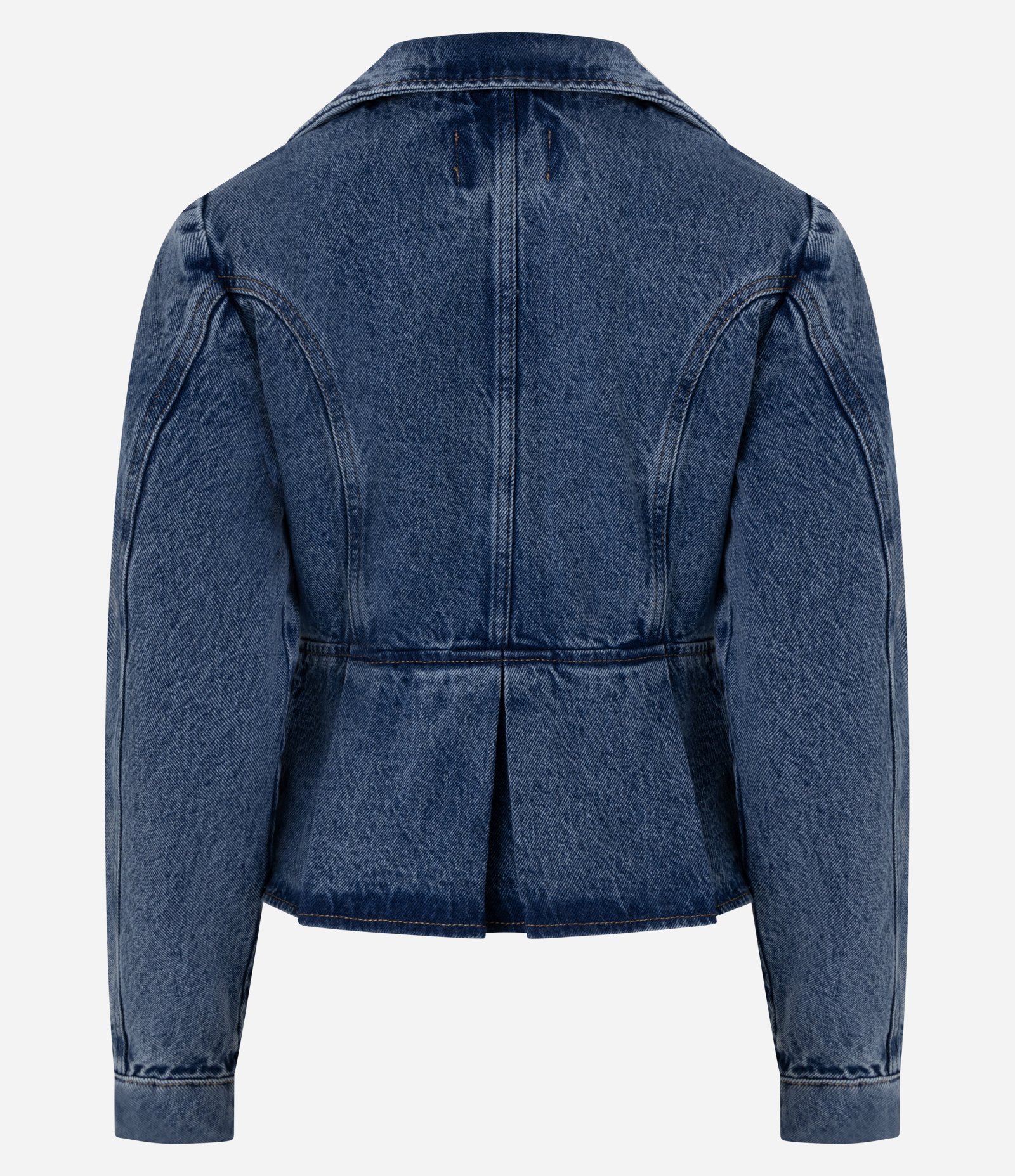 Jaqueta Peplum Jeans Acinturada com Abotoamento Duplo Azul 6