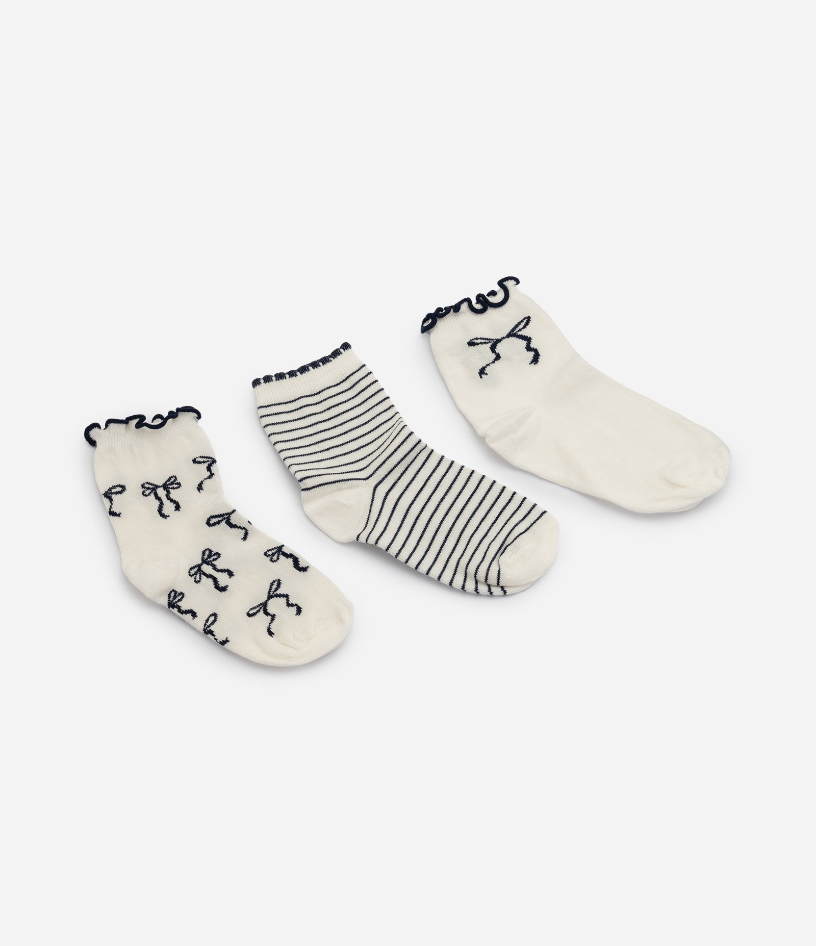 Kit 03 Meias Infantil em Algodão com Laços e Listras – Tam 23 a 34 Off White 1