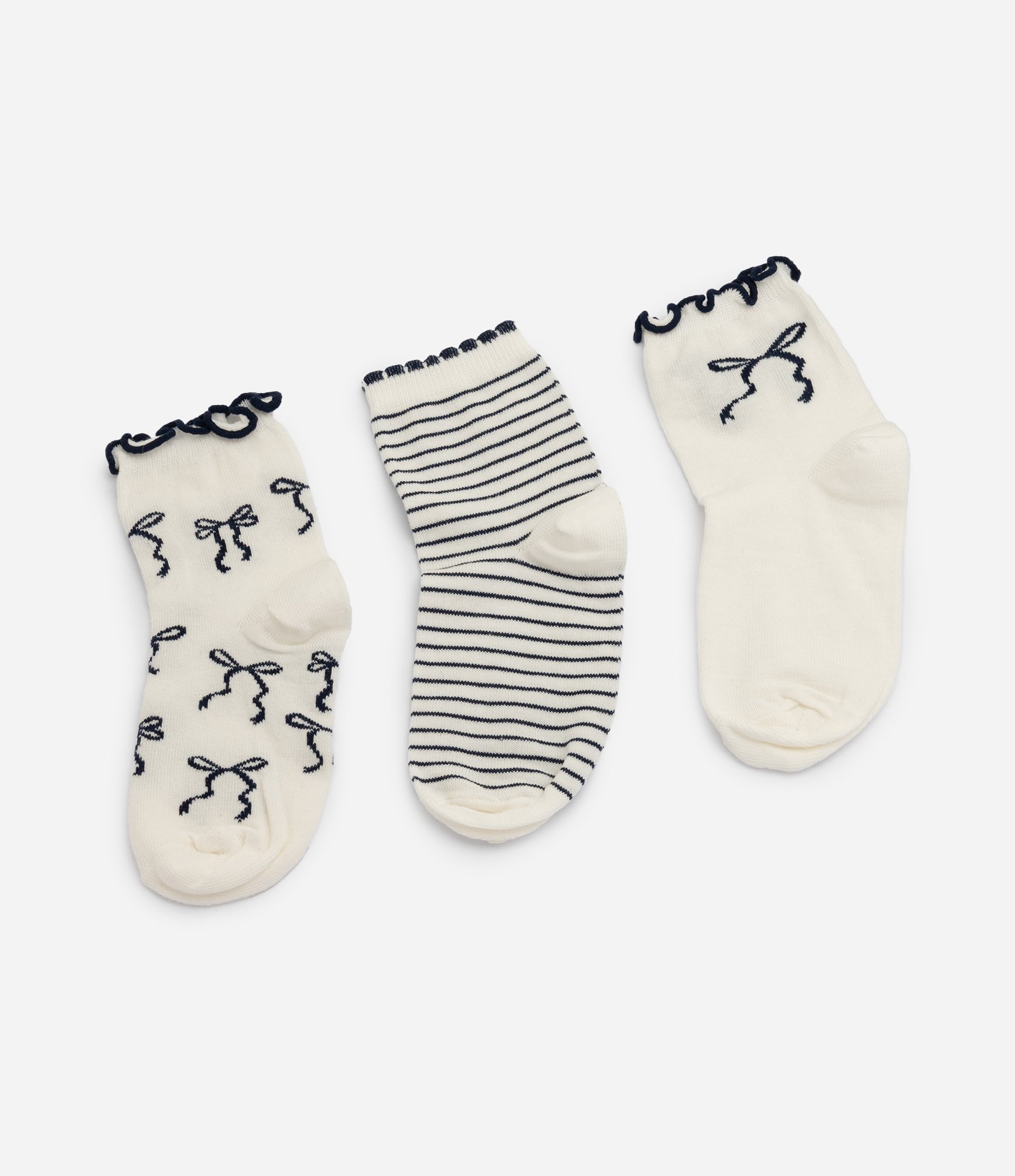 Kit 03 Meias Infantil em Algodão com Laços e Listras – Tam 23 a 34 Off White 2