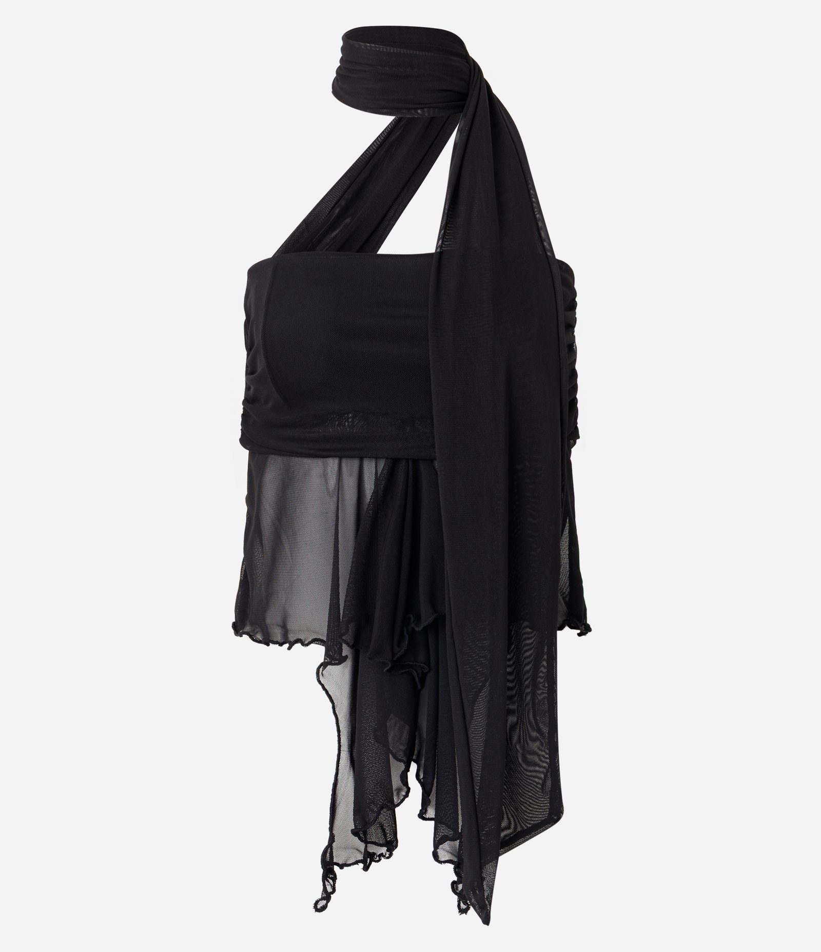 Blusa Top em Tule Transparente com Gola Halter e Ponta Assimétrica Preto 6