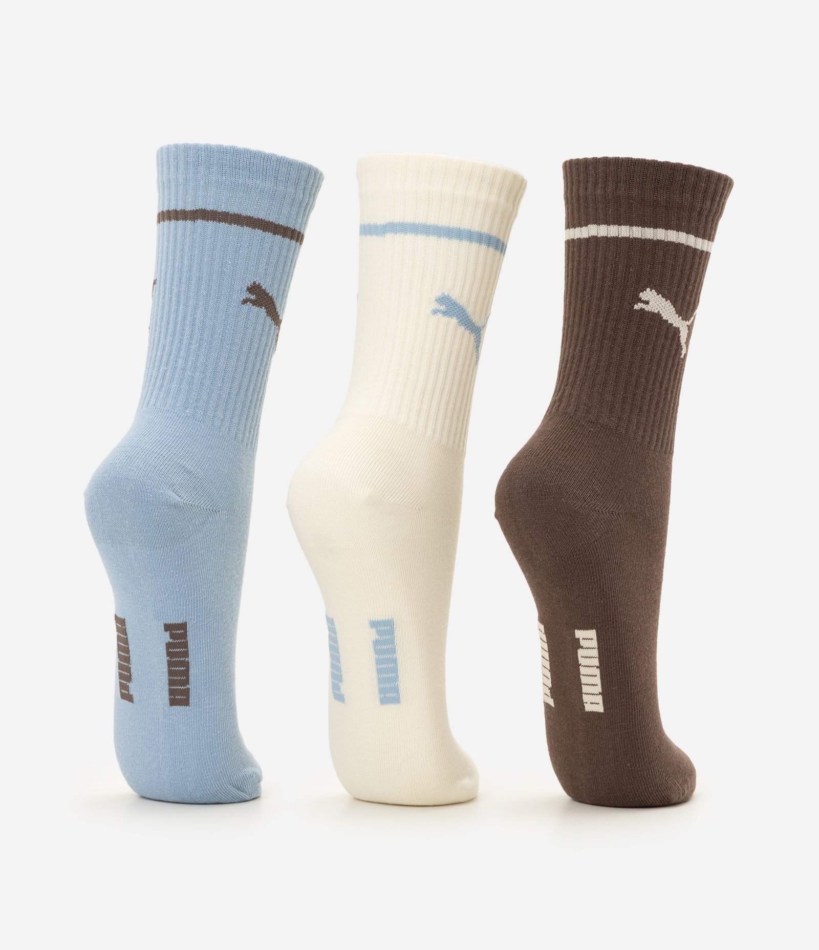 Kit 03 Meias Cano Alto Esportivas Puma Azul/Off White/Marrom 3