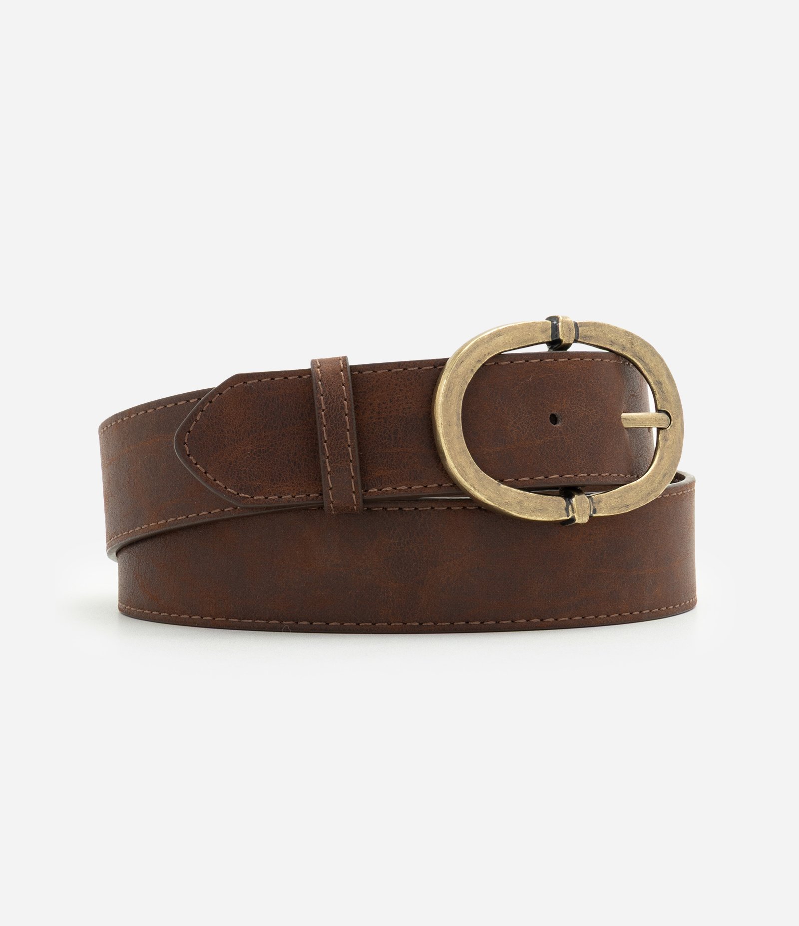 Cinto Médio em PU com Fivela Oval Martelada Marrom 2