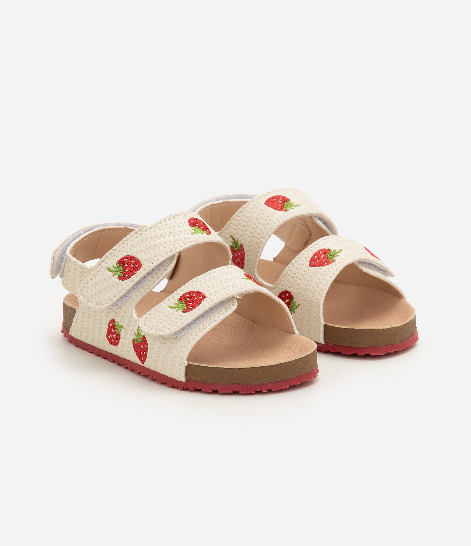 Sandália Infantil PU com Velcro E Bordado de Morango - Tam 20 a 27 Bege 1