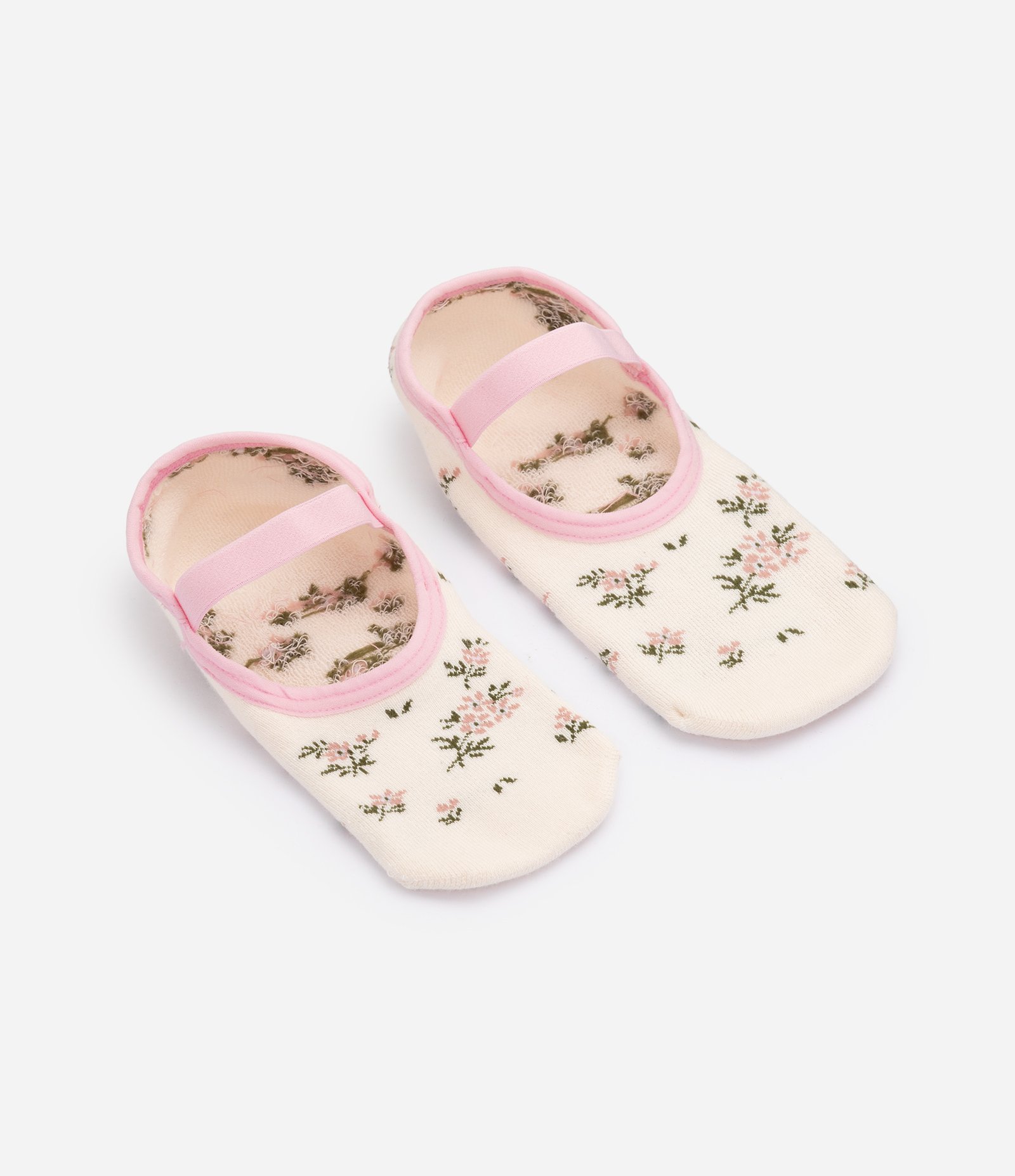 Meia Sapatilha com Estampa Floral e Antiderrapante Bege 1