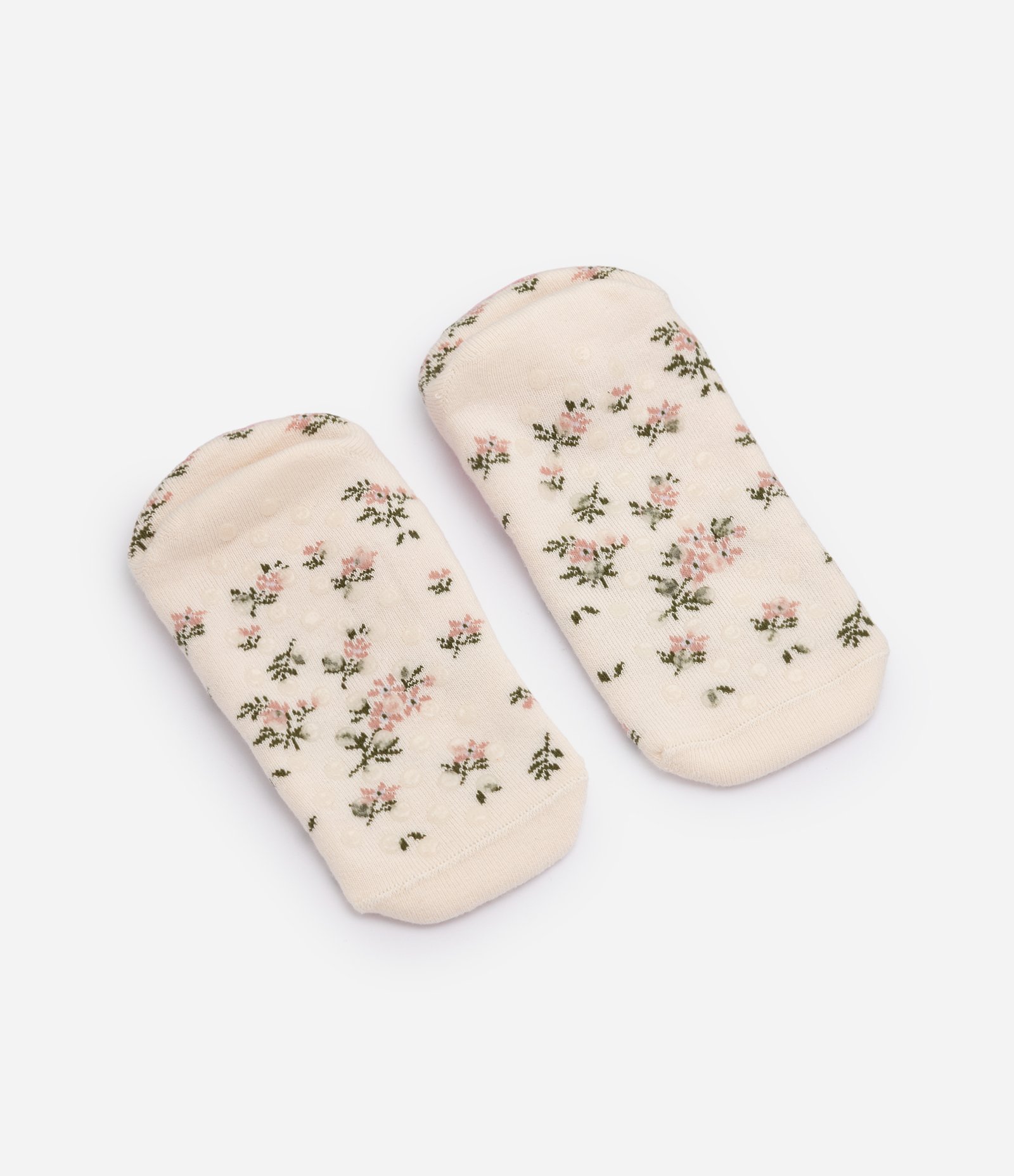 Meia Sapatilha com Estampa Floral e Antiderrapante Bege 2