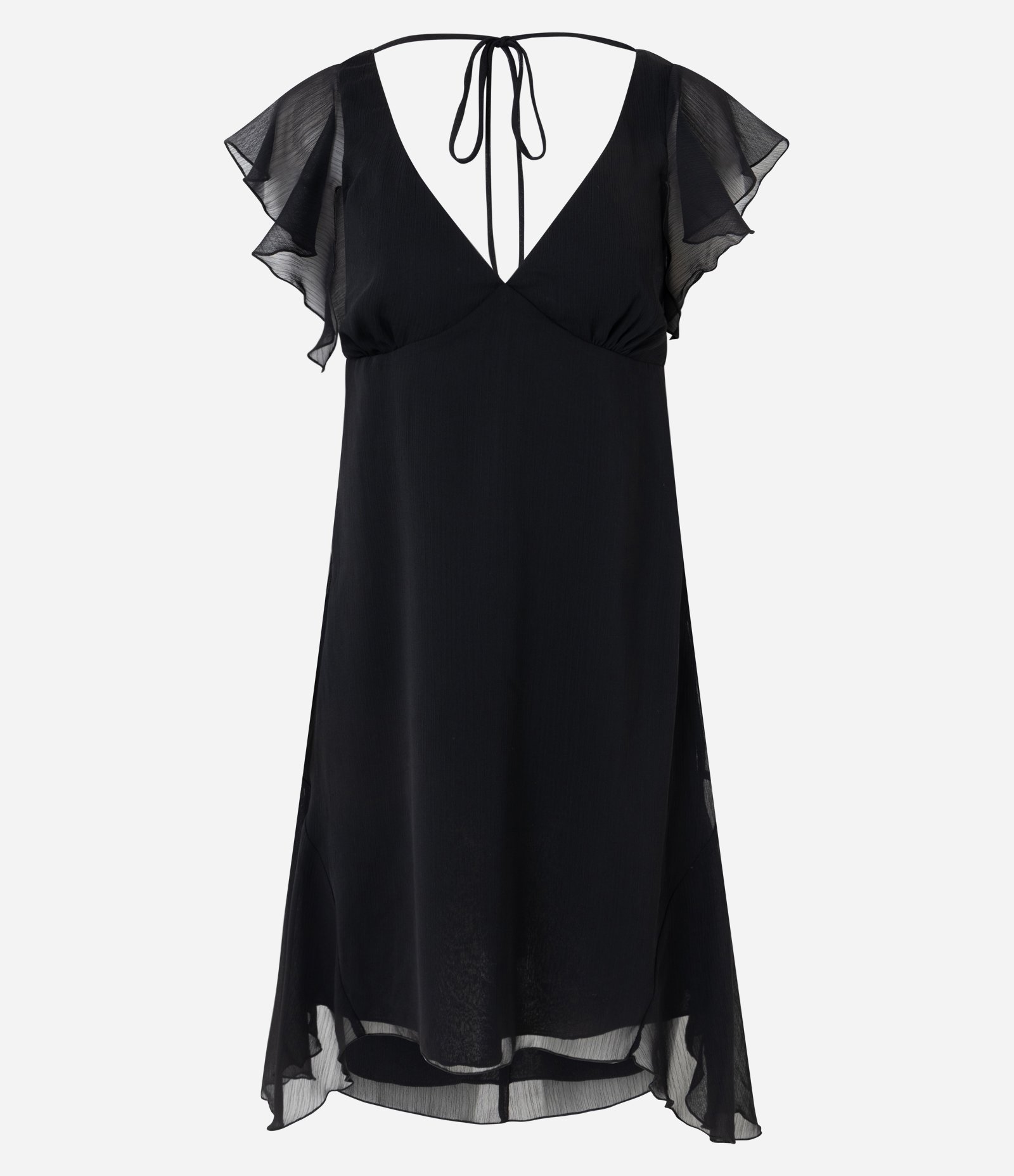 Vestido Curto em Chiffon com Decote V e Manga com Babados Preto 5