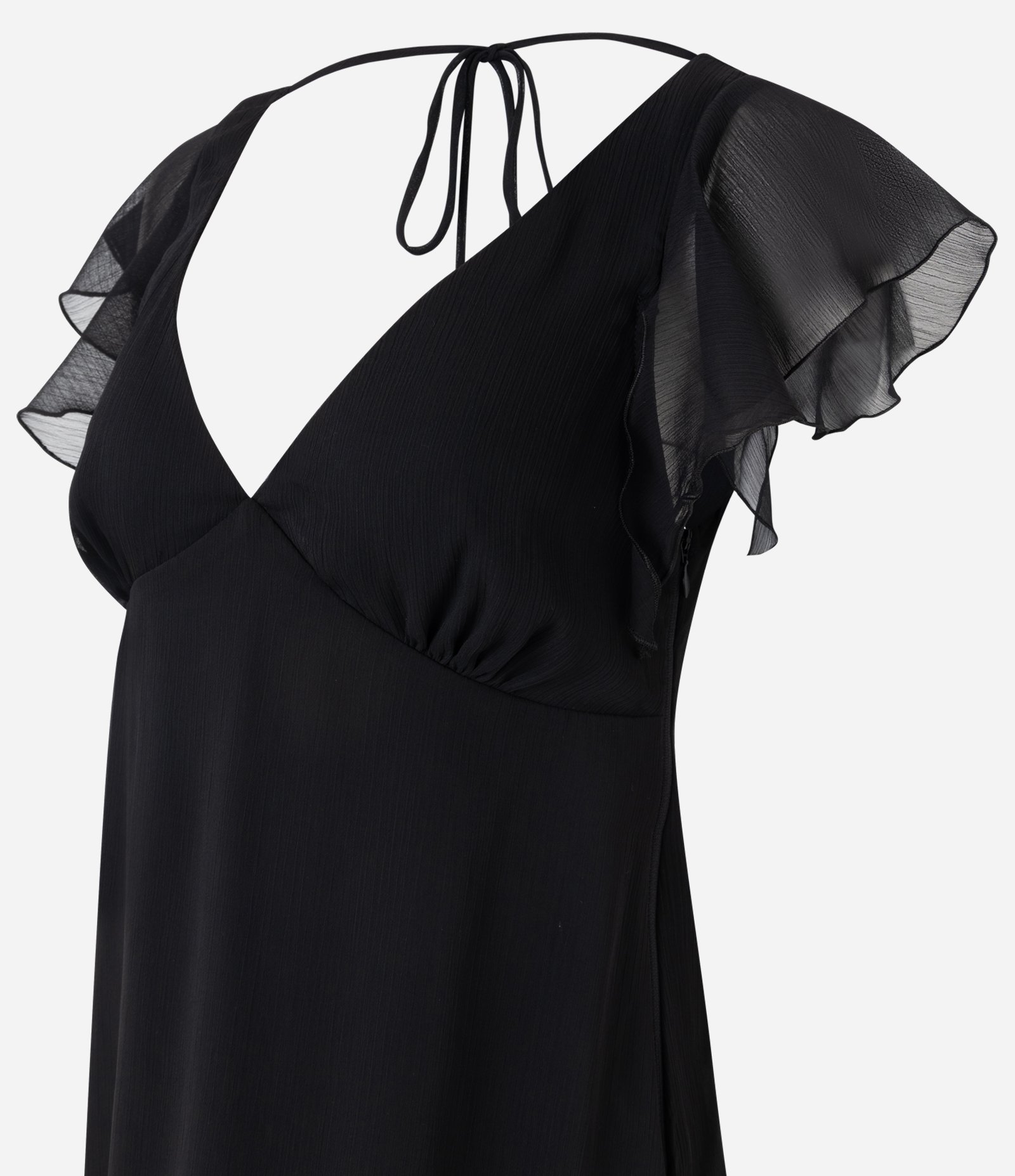 Vestido Curto em Chiffon com Decote V e Manga com Babados Preto 6
