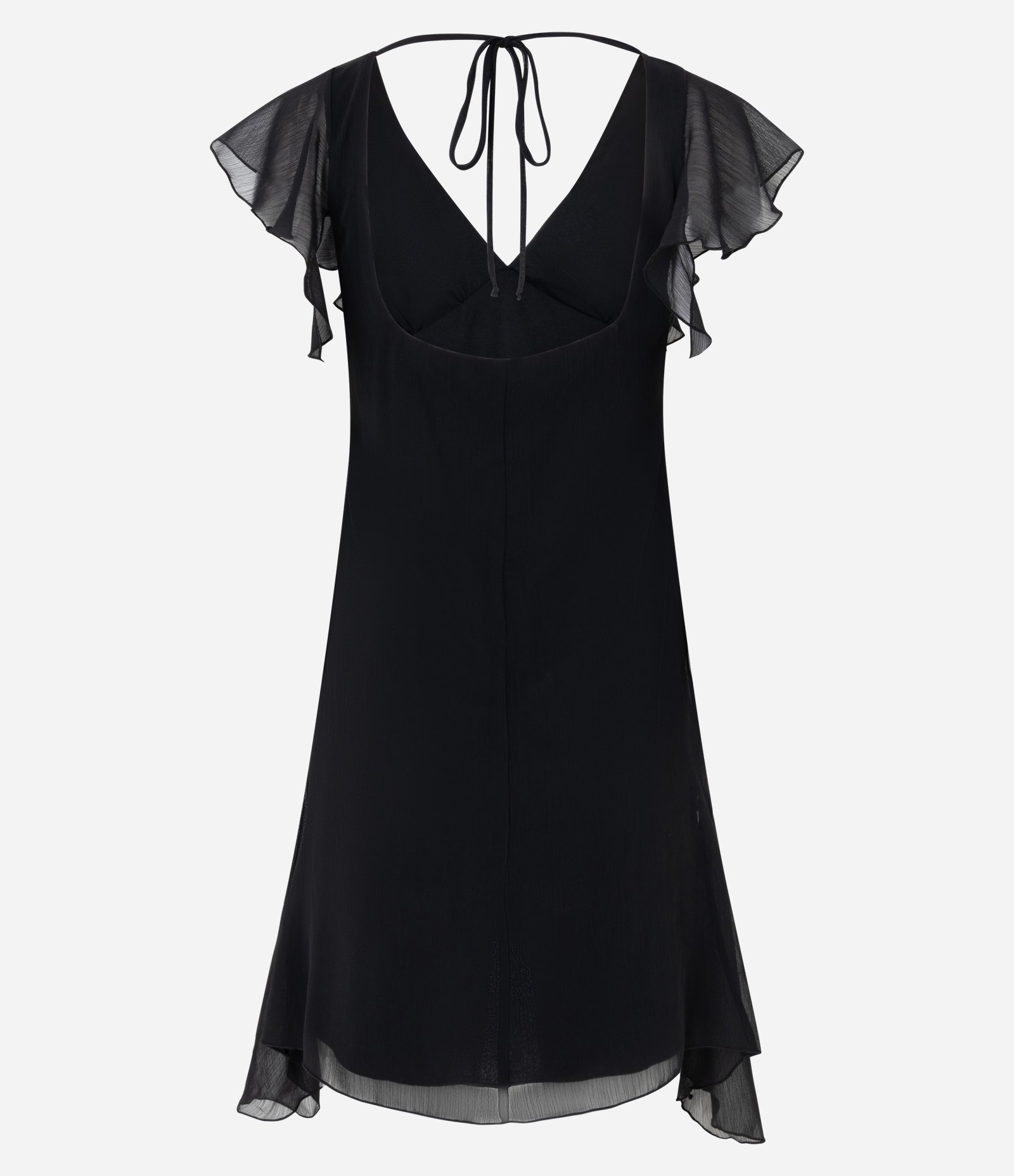 Vestido Curto em Chiffon com Decote V e Manga com Babados Preto 7