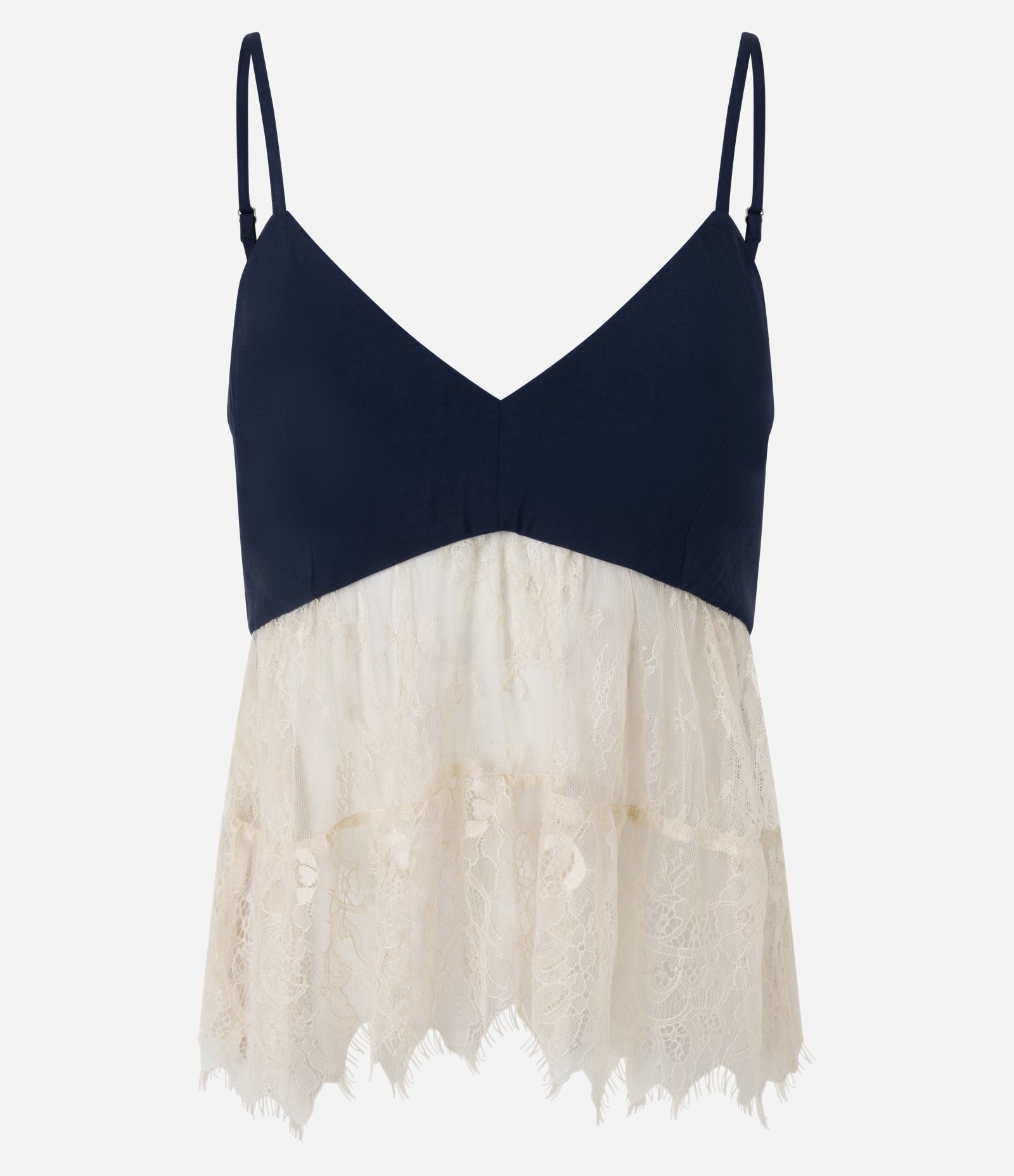 Blusa Nadador em Cupro com Renda Transparente e Babados Azul Escuro 5