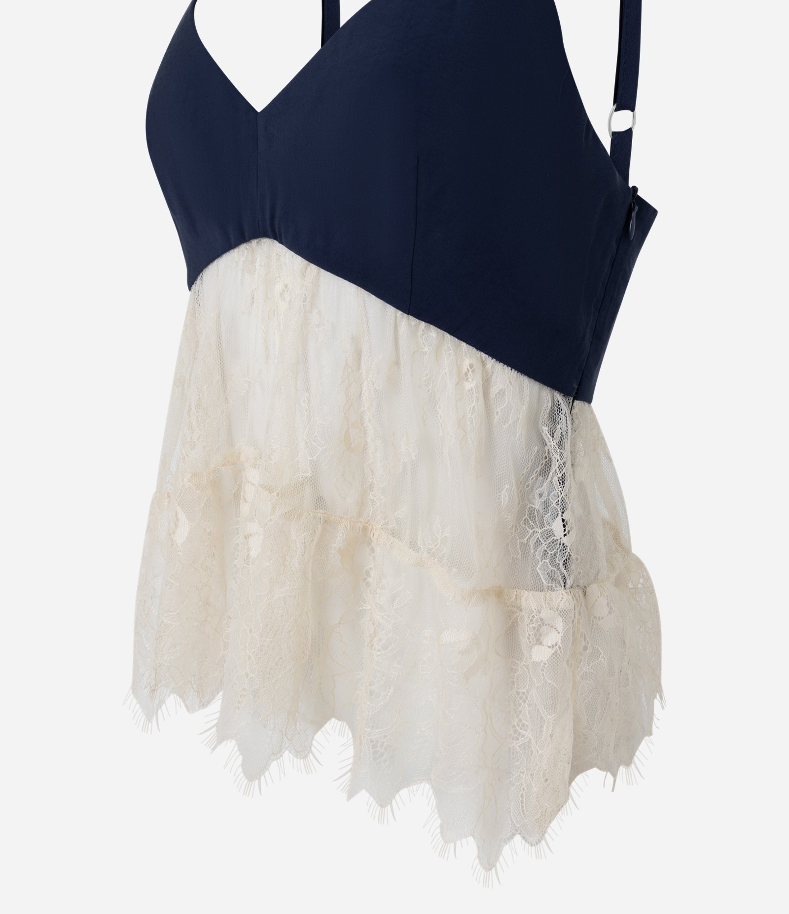 Blusa Nadador em Cupro com Renda Transparente e Babados Azul Escuro 6