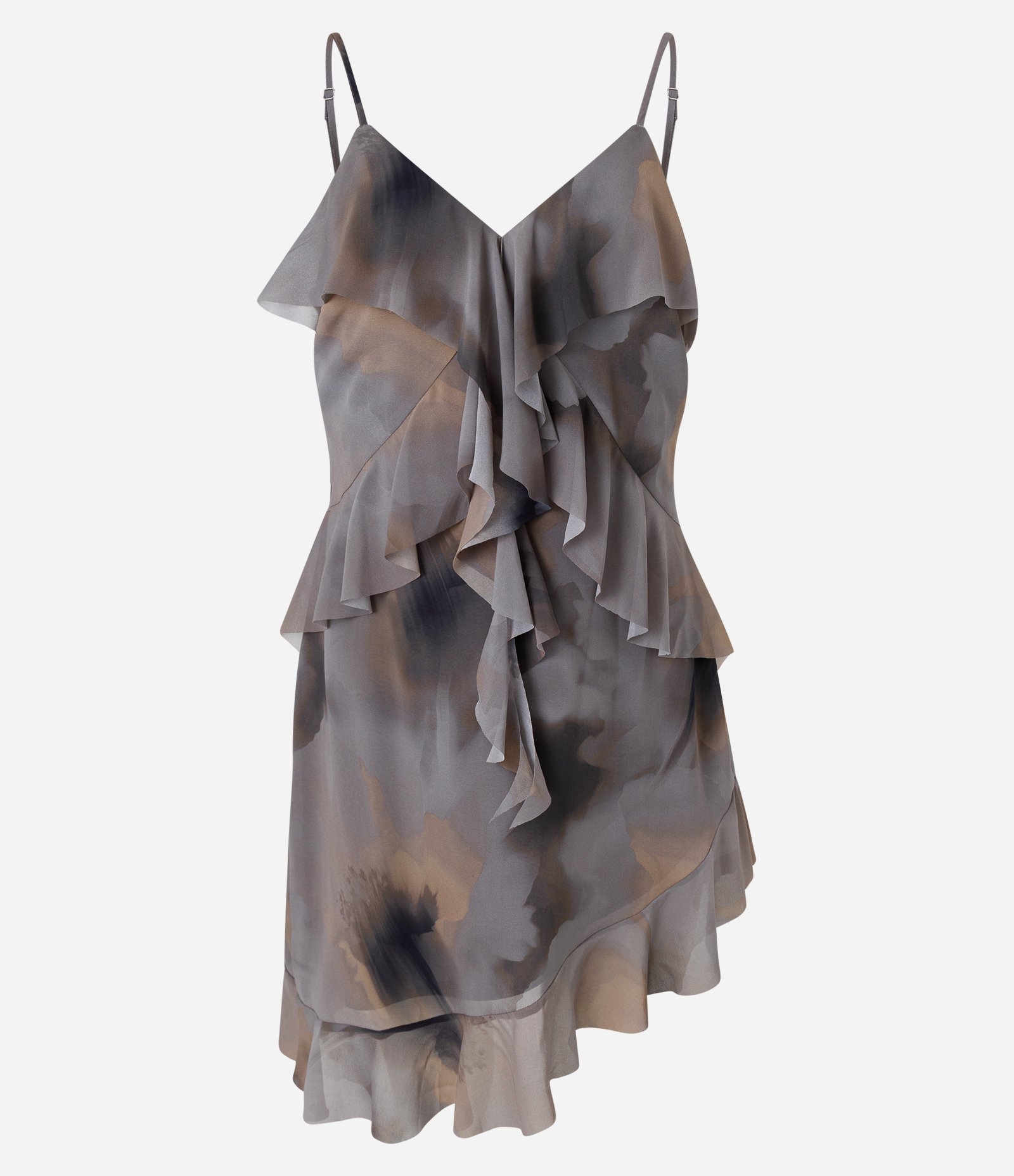 Vestido Assimétrico em Chiffon Estampado com Babados e Camadas Cinza 5