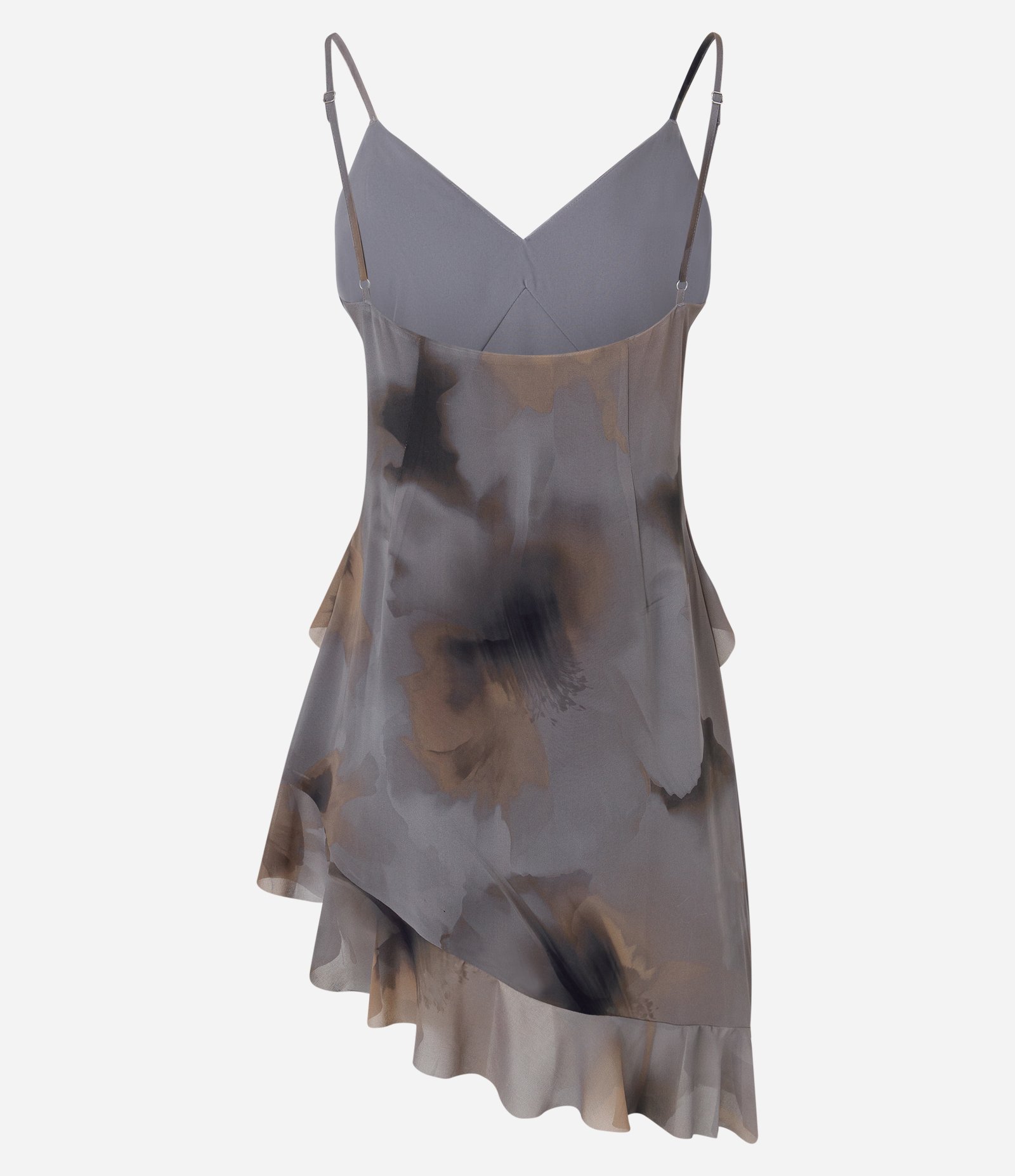 Vestido Assimétrico em Chiffon Estampado com Babados e Camadas Cinza 6