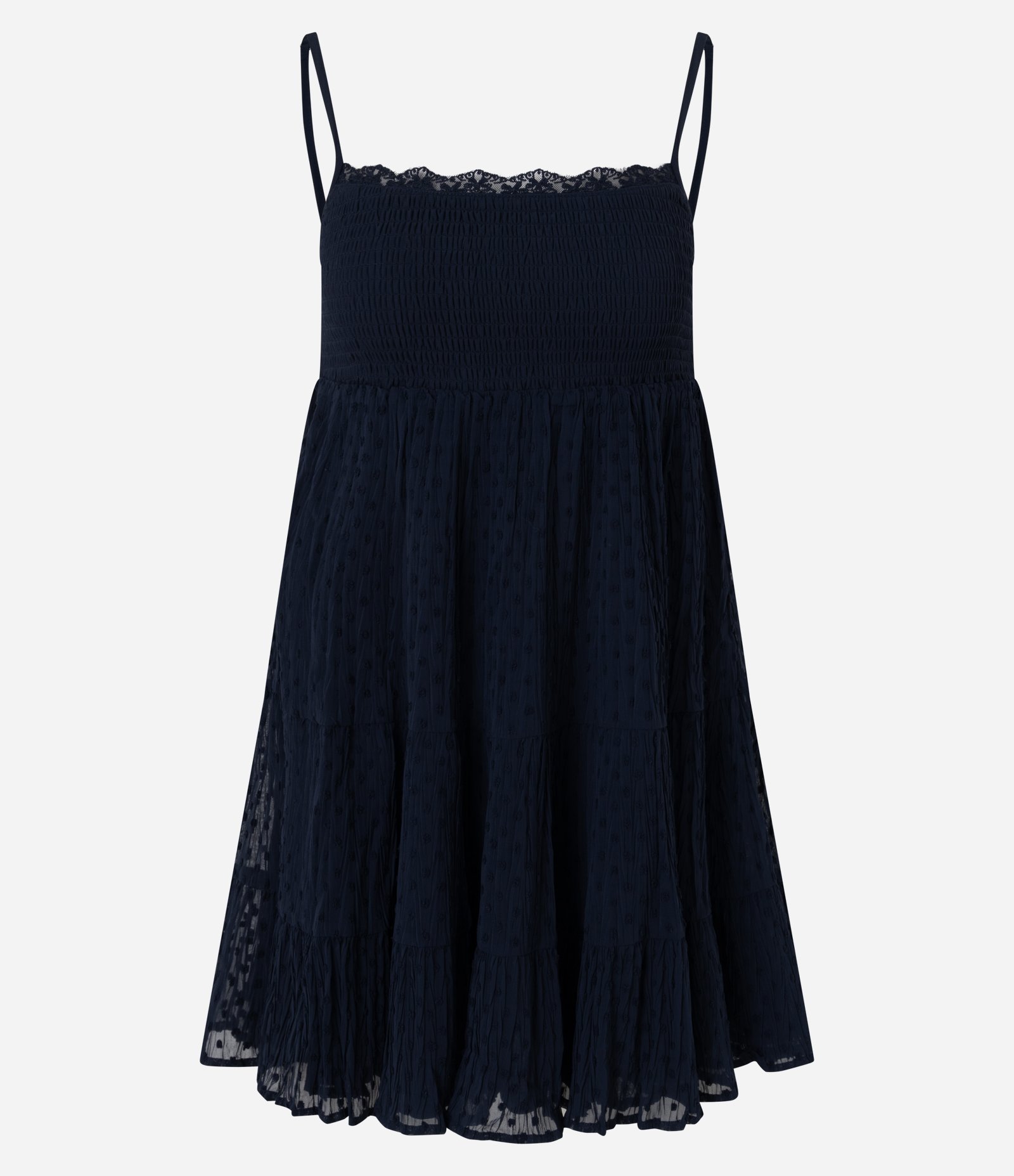 Vestido Curto Texturizado com Franzido e Alças Finas Azul Escuro 1