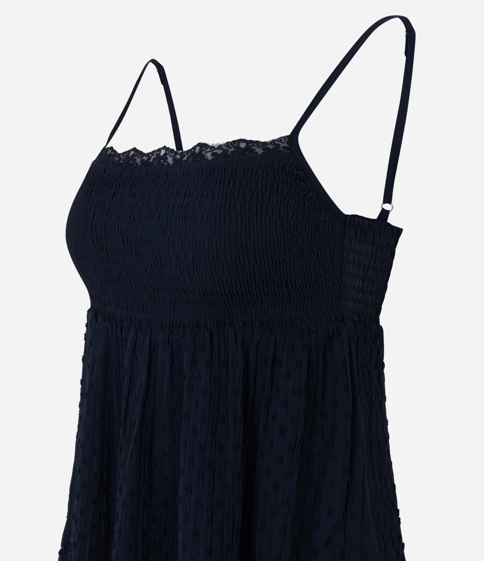 Vestido Curto Texturizado com Franzido e Alças Finas Azul Escuro 2