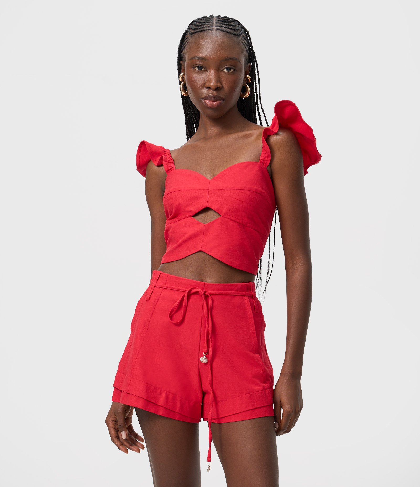 Short em Bengaline com Faixa para Amarração Vermelho 1