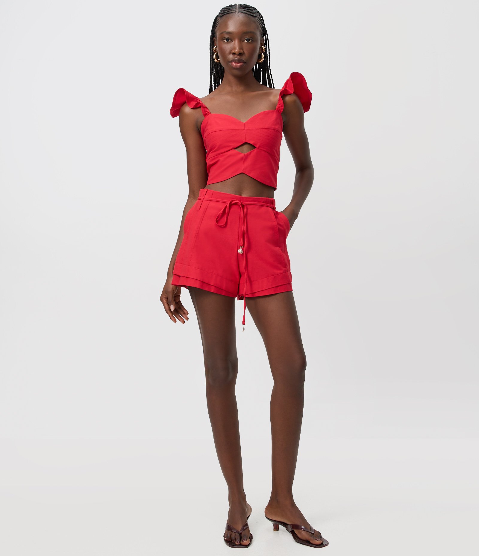Short em Bengaline com Faixa para Amarração Vermelho 2