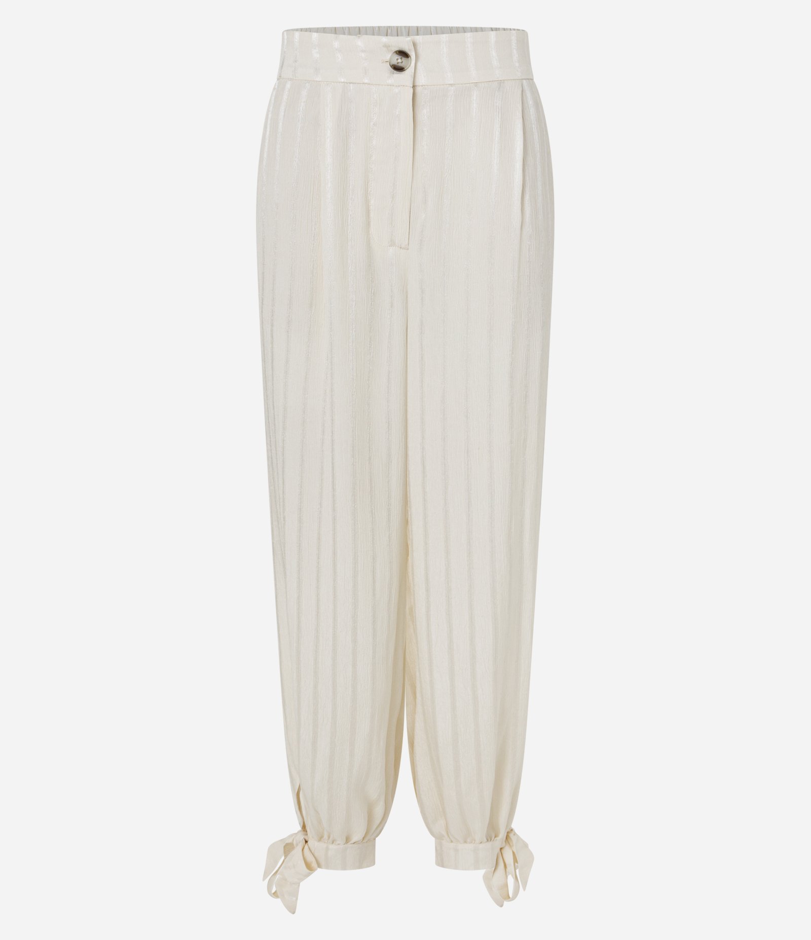 Calça Aladim Acetinada com Listras em Relevo e Amarração na Barra Off White 1