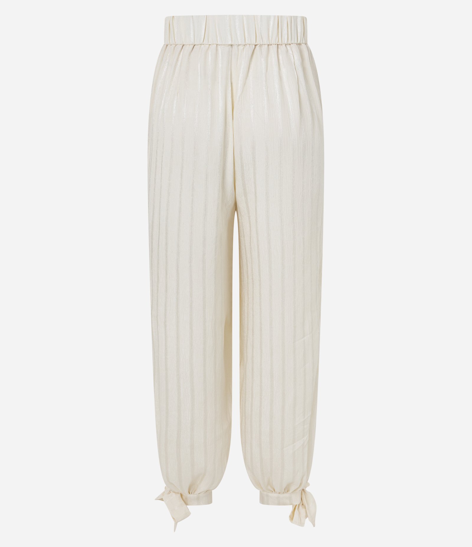 Calça Aladim Acetinada com Listras em Relevo e Amarração na Barra Off White 3