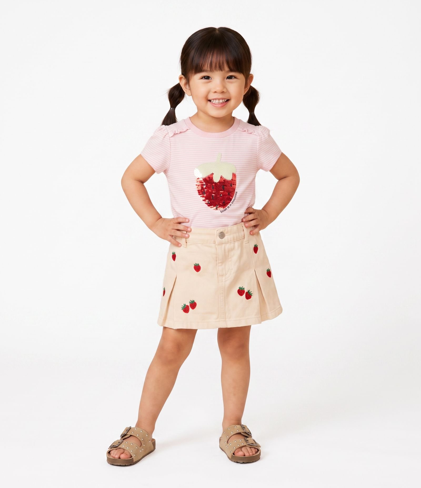 Short Saia Infantil com Bordado de Morango - Tam 1 a 6 Anos Bege 1