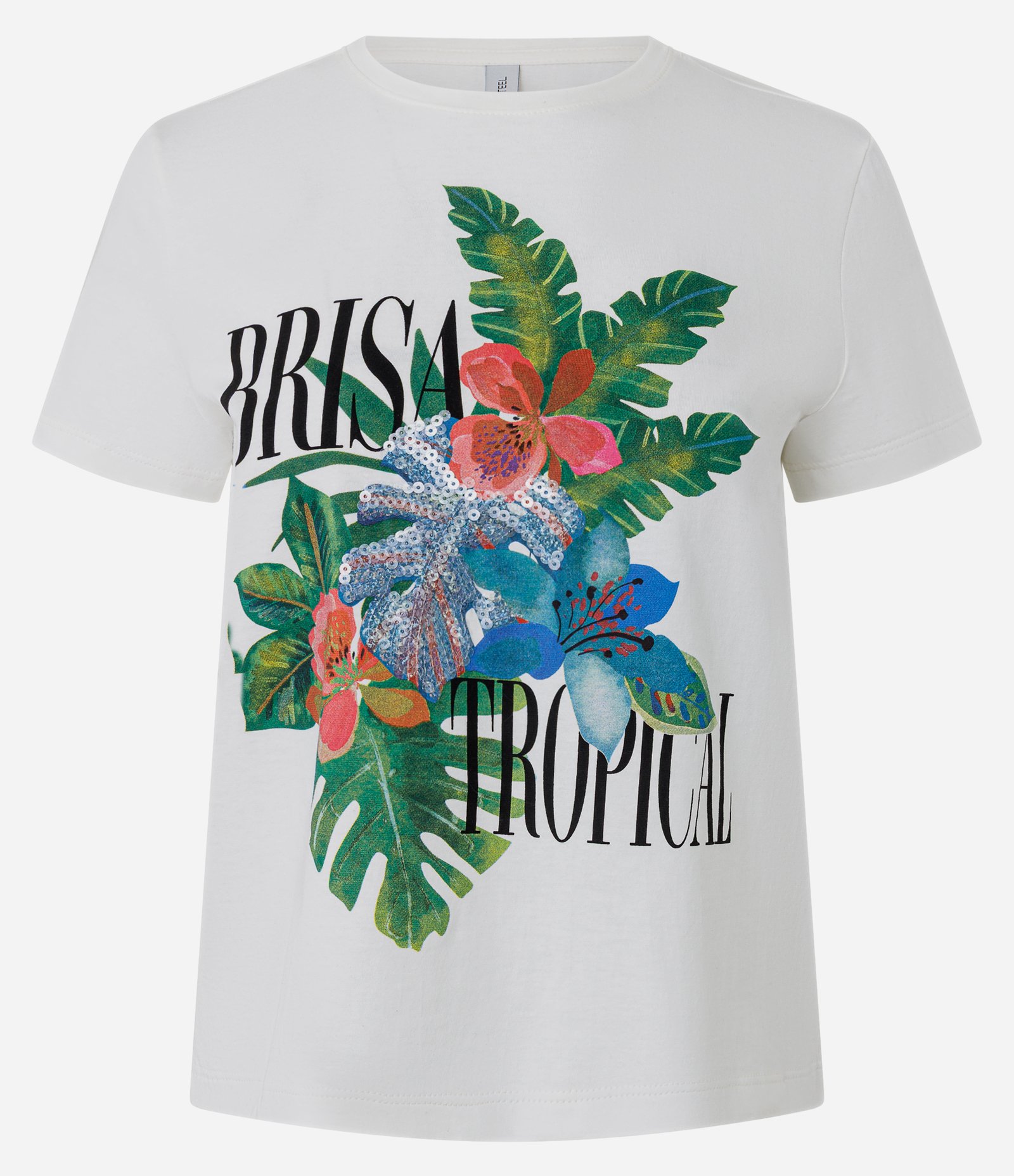Camiseta em Algodão com Estampa Brisa Tropical e Aplicação em Paetê Branco 1