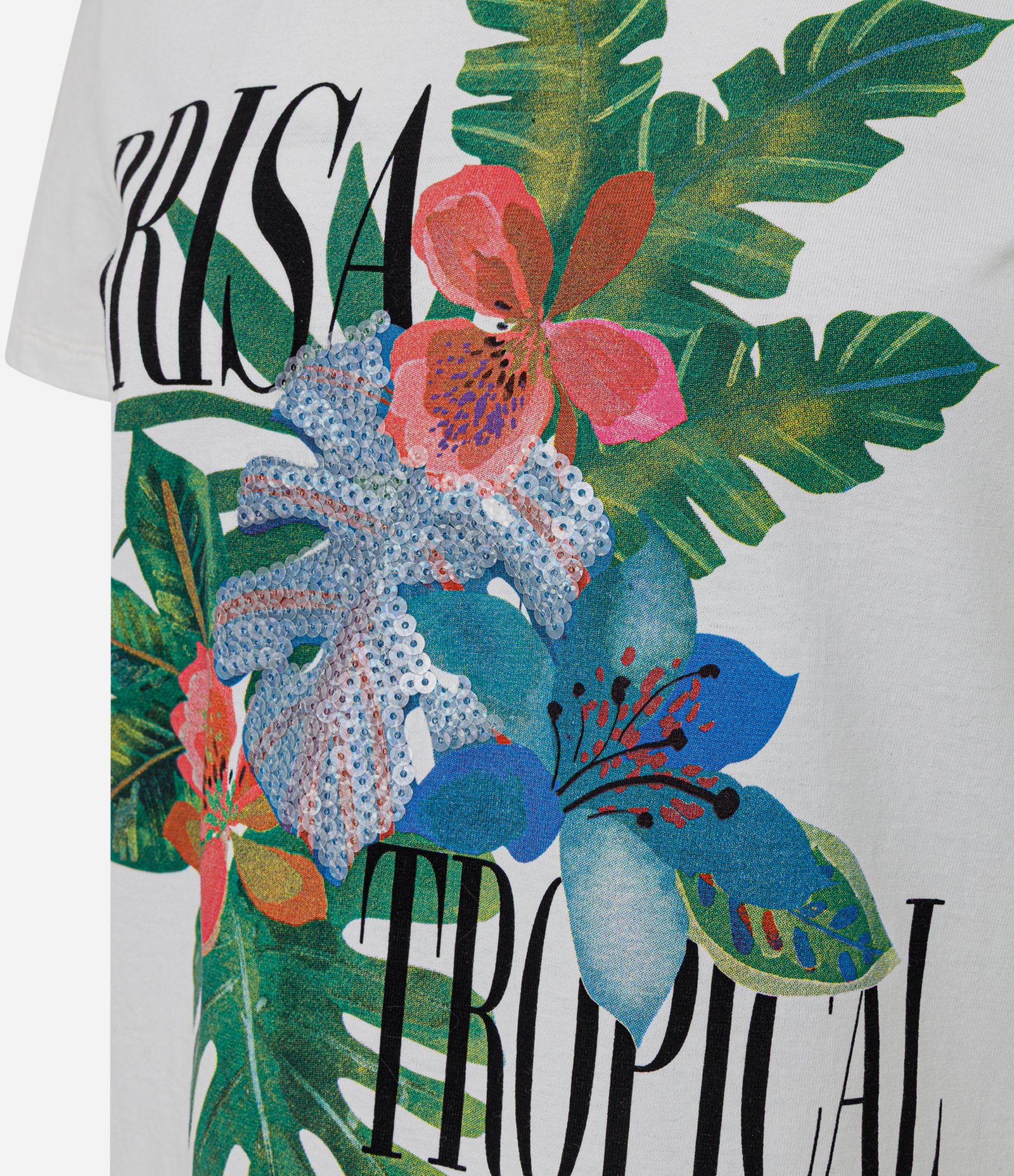 Camiseta em Algodão com Estampa Brisa Tropical e Aplicação em Paetê Branco 2