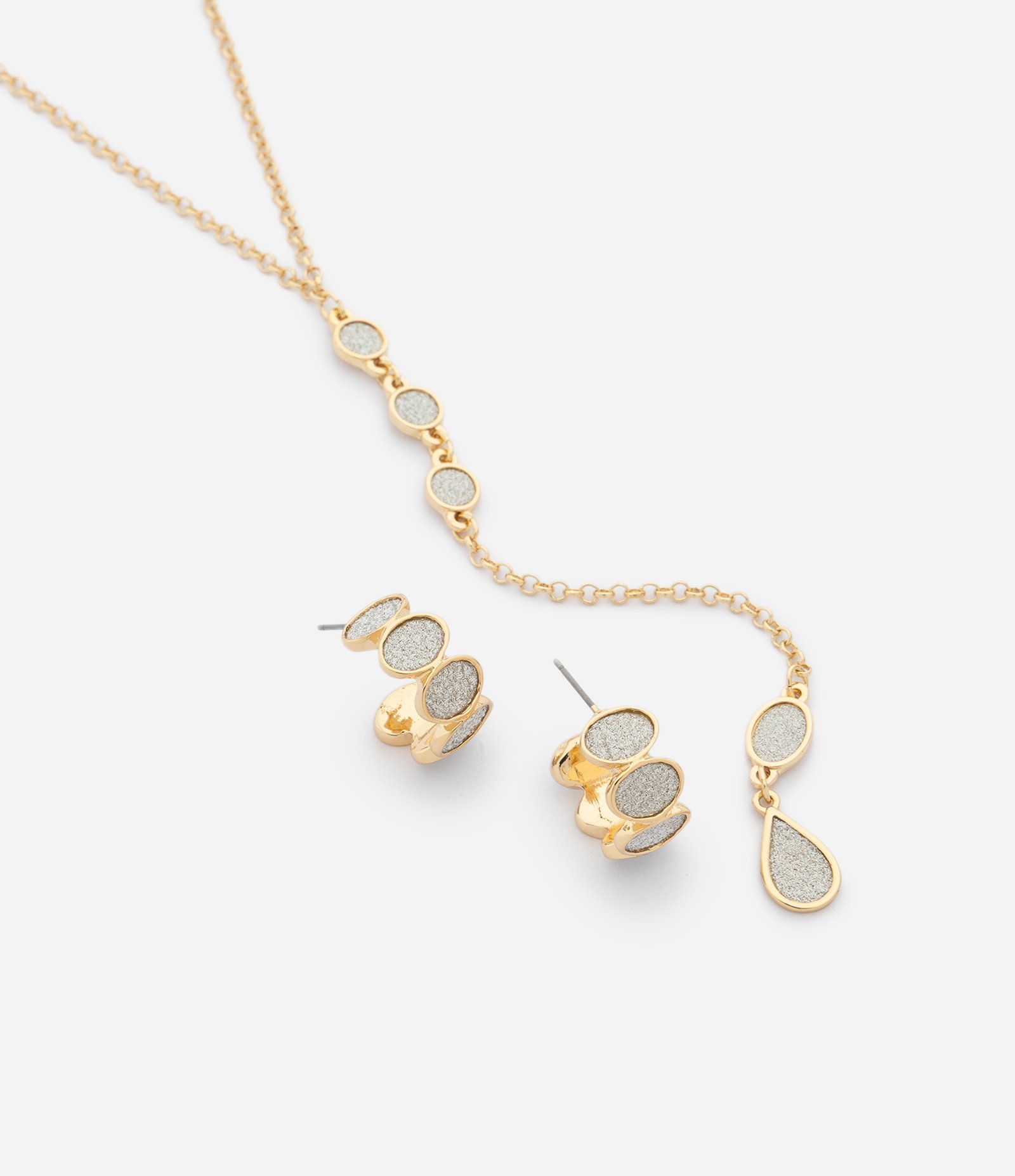 Conjunto com Colar Gravatinha e Argolas com Aplicações Texturizadas Dourado 1