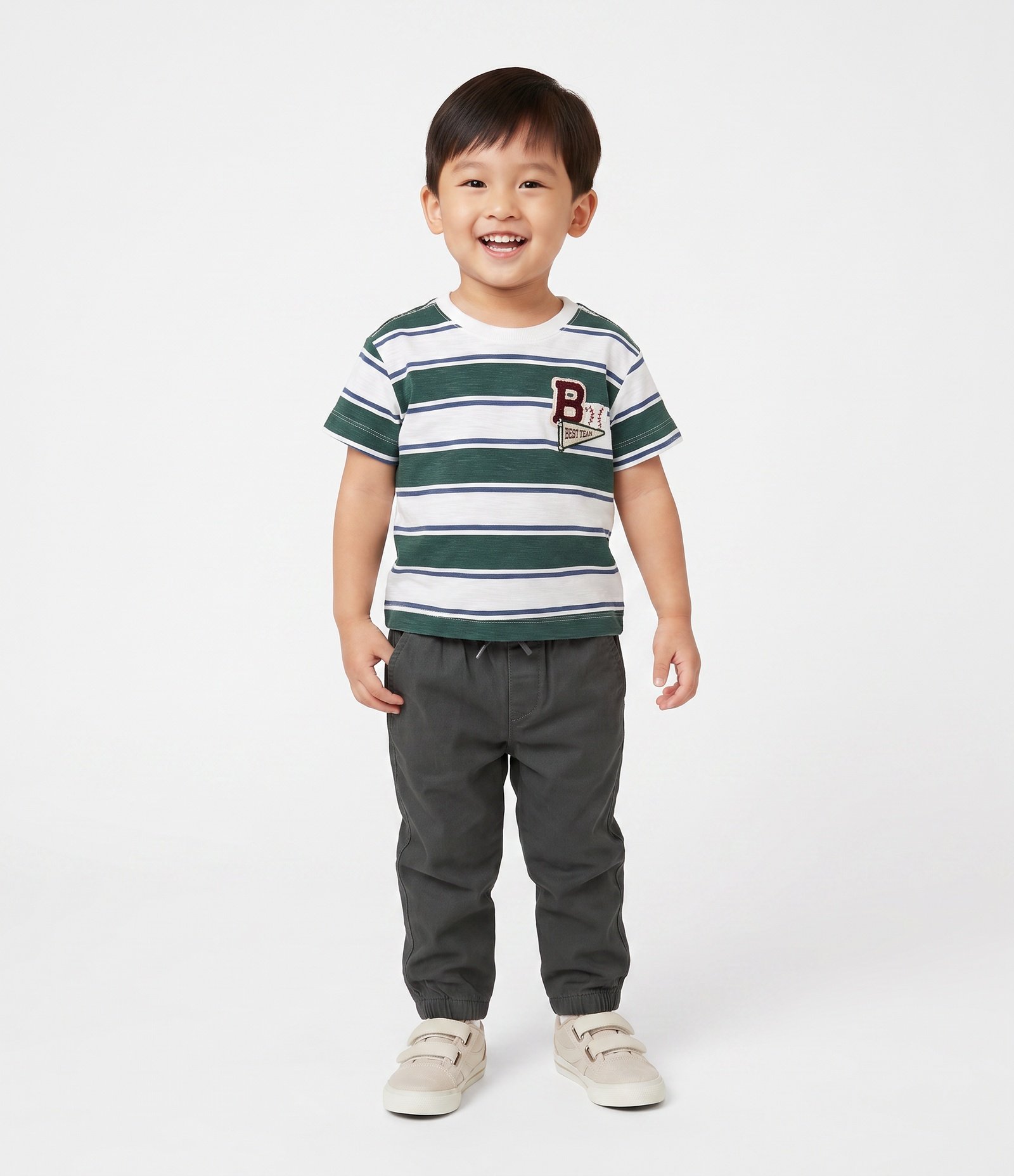 Camiseta Infantil em Algodão com Bordado e Estampa Listrada - Tam 2 a 6 Anos Verde/Branco 1