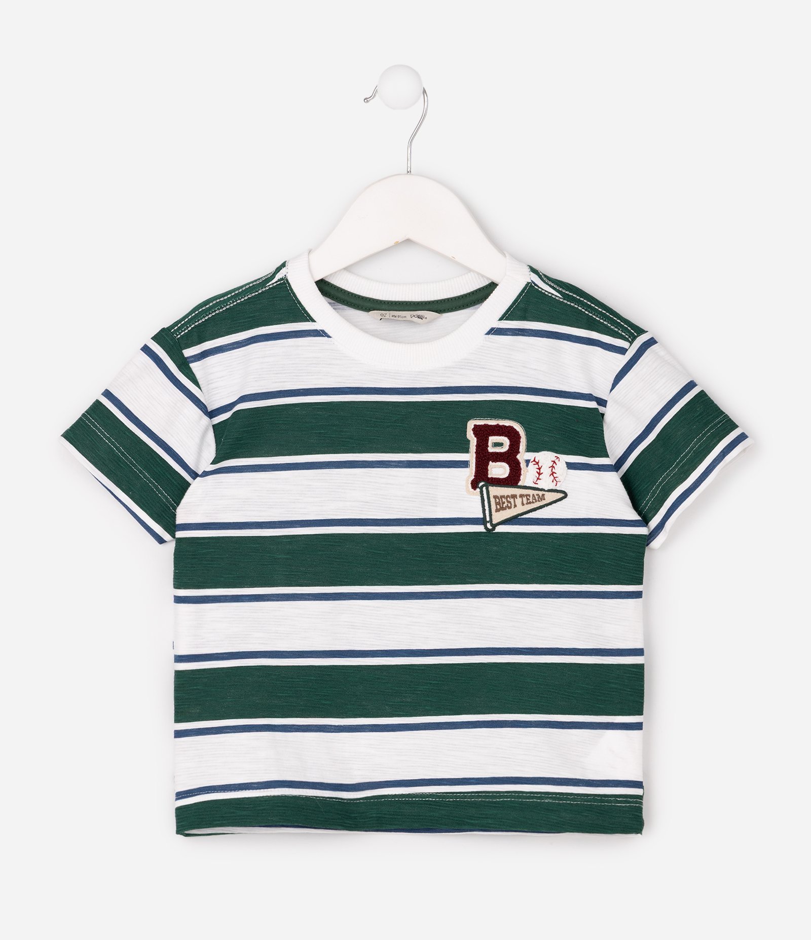 Camiseta Infantil em Algodão com Bordado e Estampa Listrada - Tam 2 a 6 Anos Verde/Branco 2