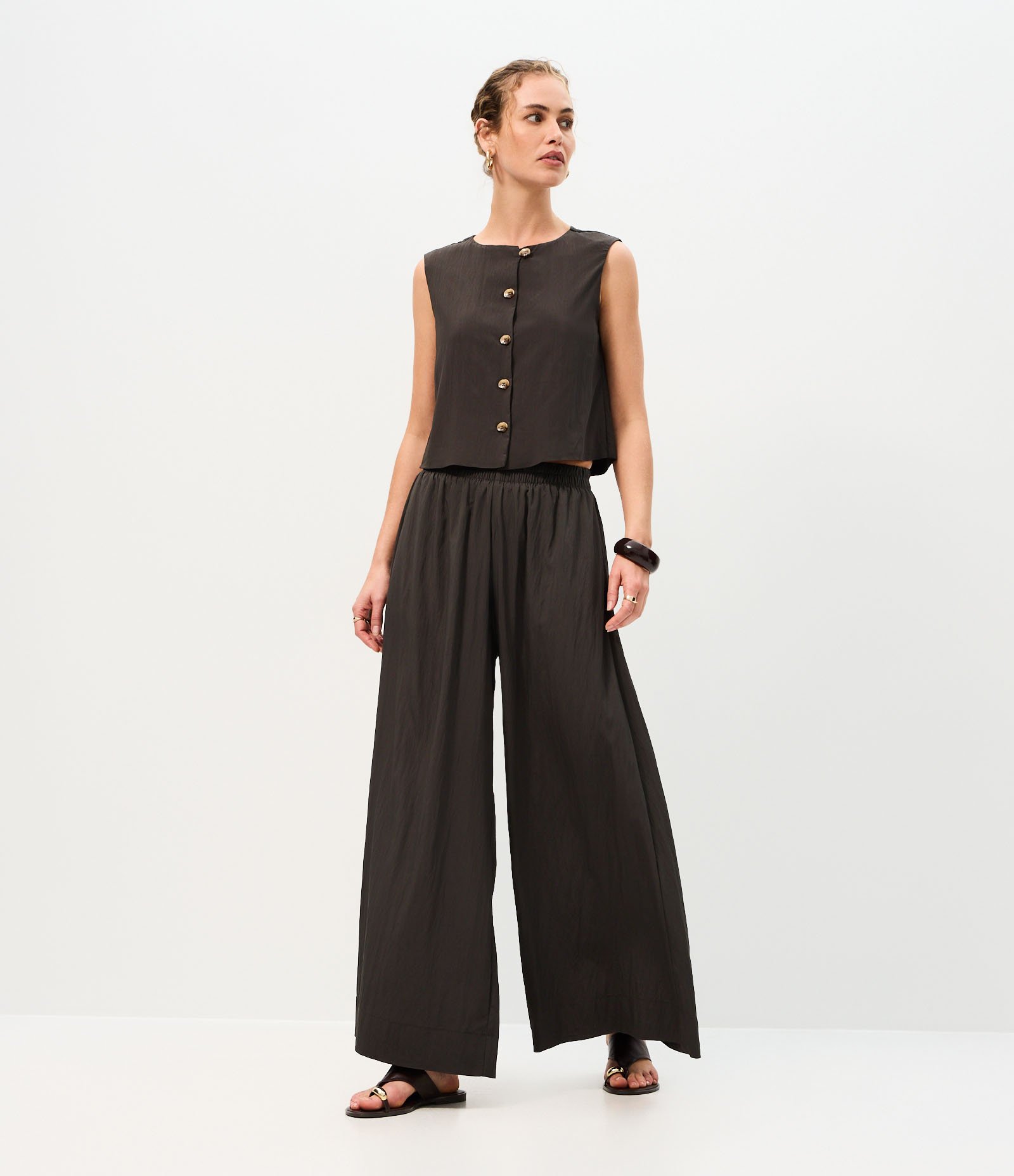 Calça Ampla com Cós Elástico Cinza 1